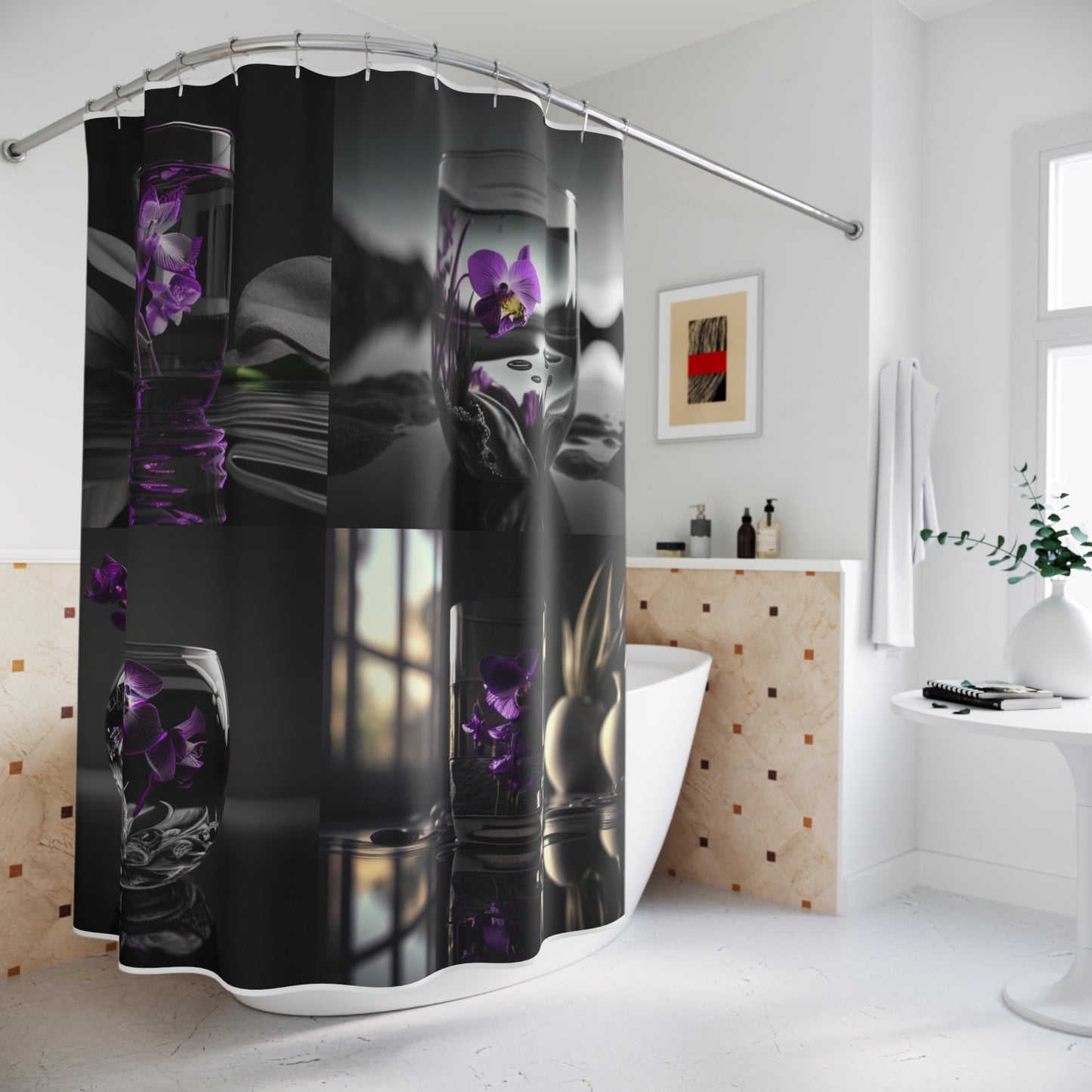 Polyester Shower Curtain Purple Orchid Glass vase 5
