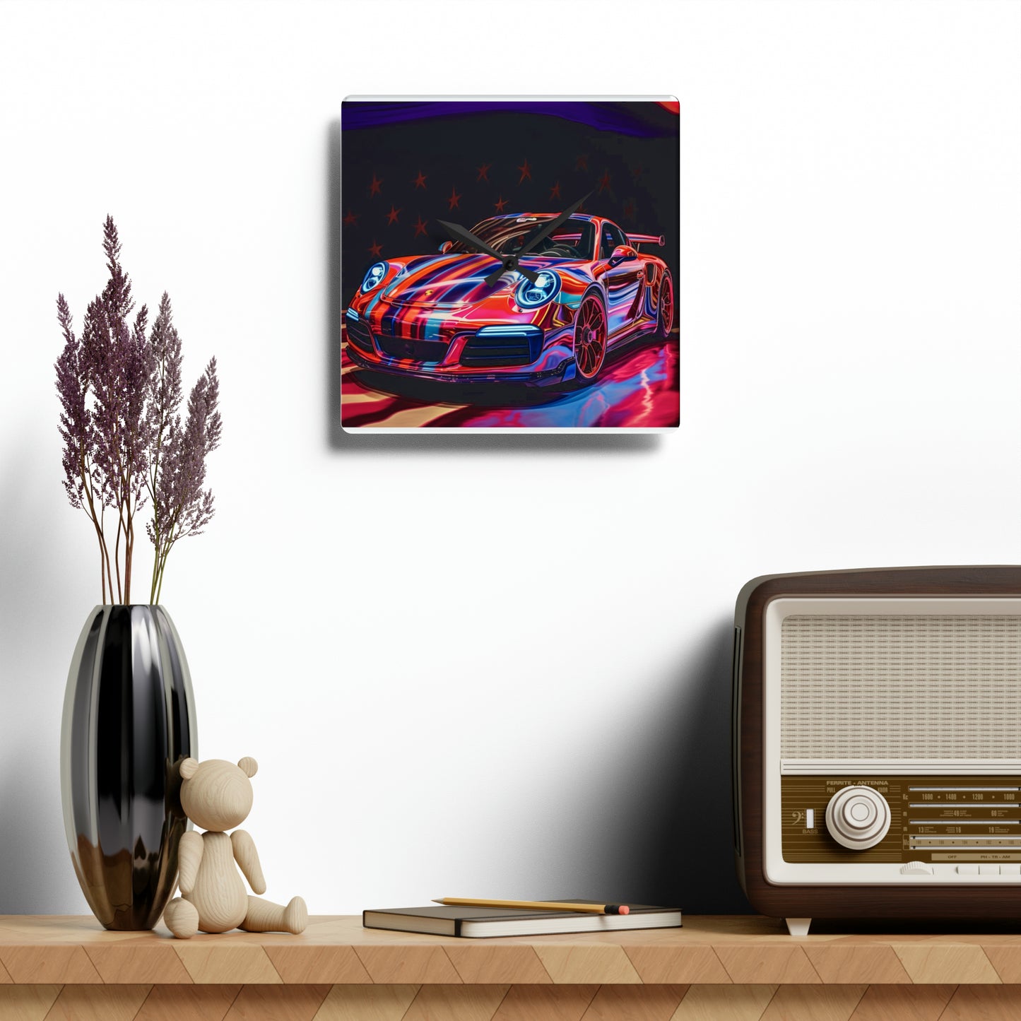 Acrylic Wall Clock American Flag Colored Porsche 1