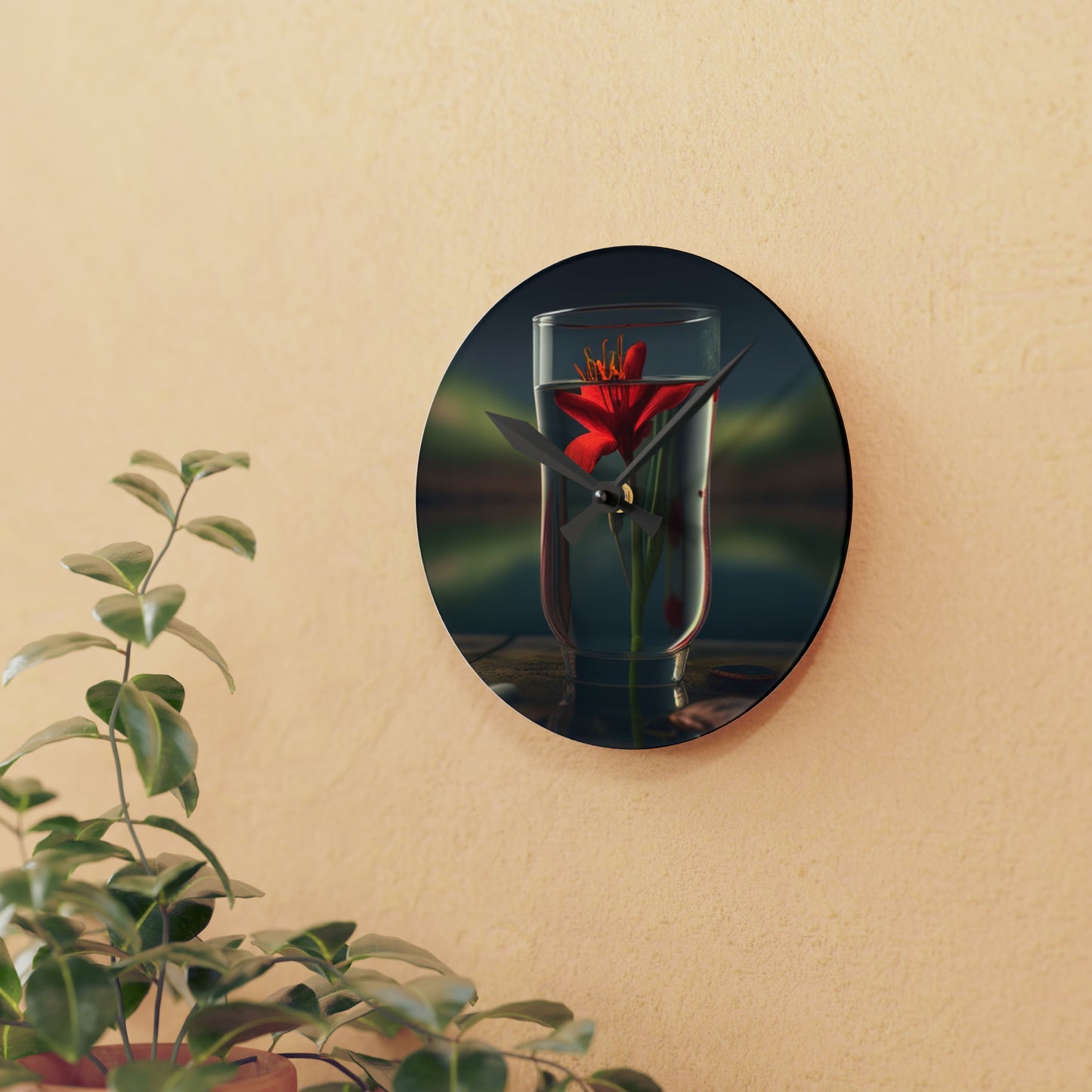 Acrylic Wall Clock Red Lily in a Glass vase 1