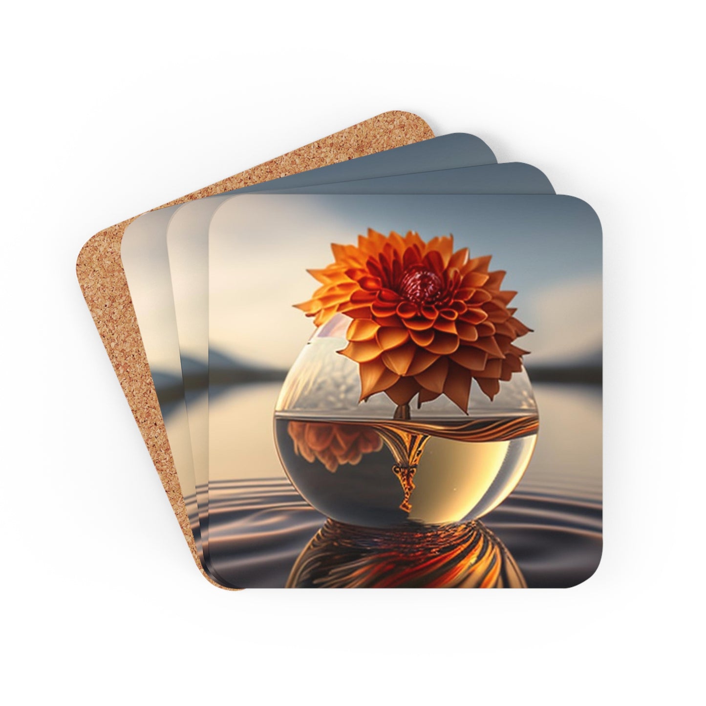 Corkwood Coaster Set Dahlia Orange 1
