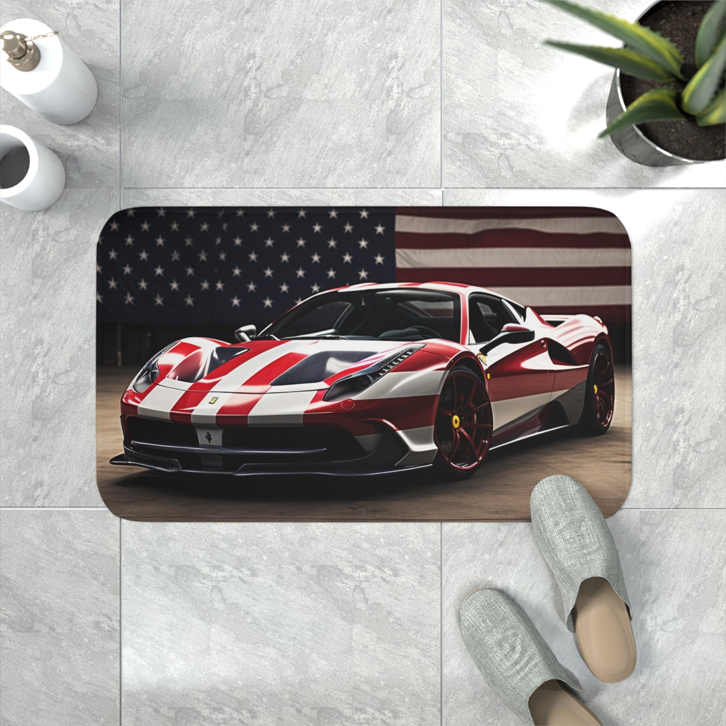 Memory Foam Bath Mat American Flag Background Ferrari 2