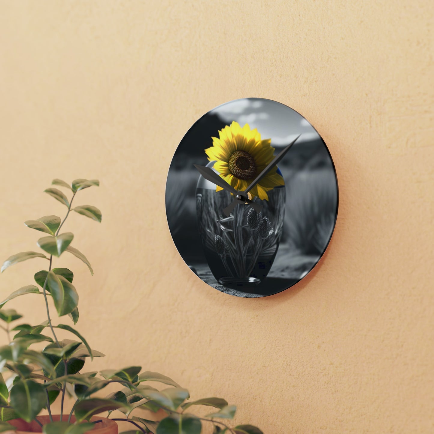 Acrylic Wall Clock Yellw Sunflower in a vase 3