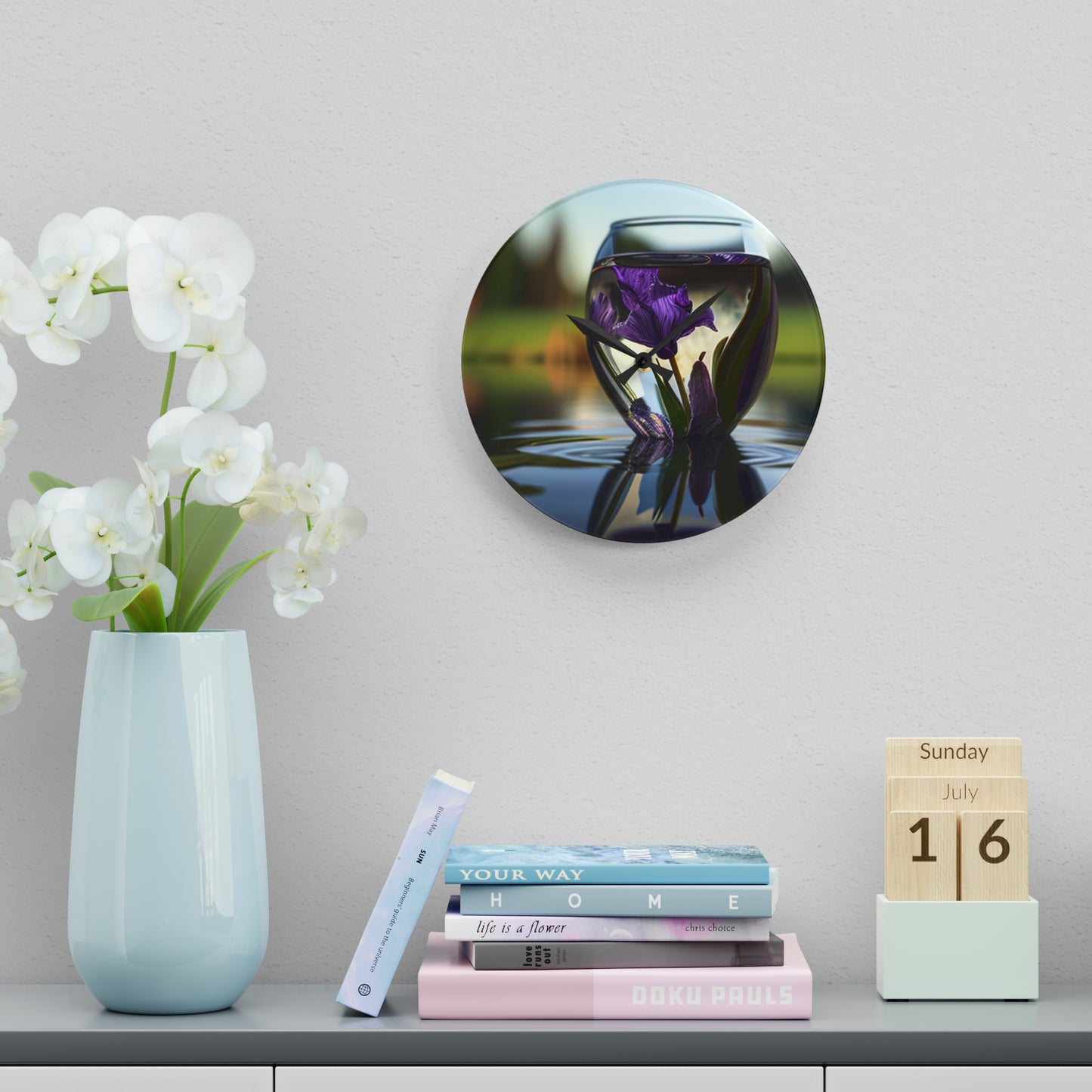 Acrylic Wall Clock Purple Iris in a vase 3