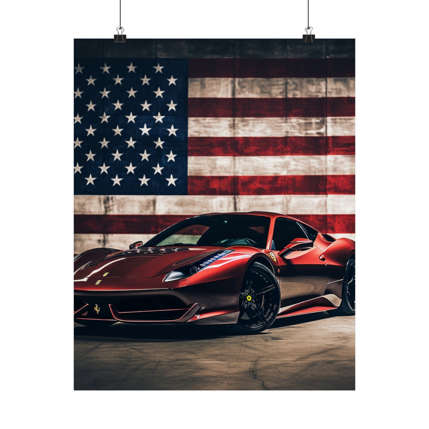 Premium Matte Vertical Posters American Flag Background Ferrari 4