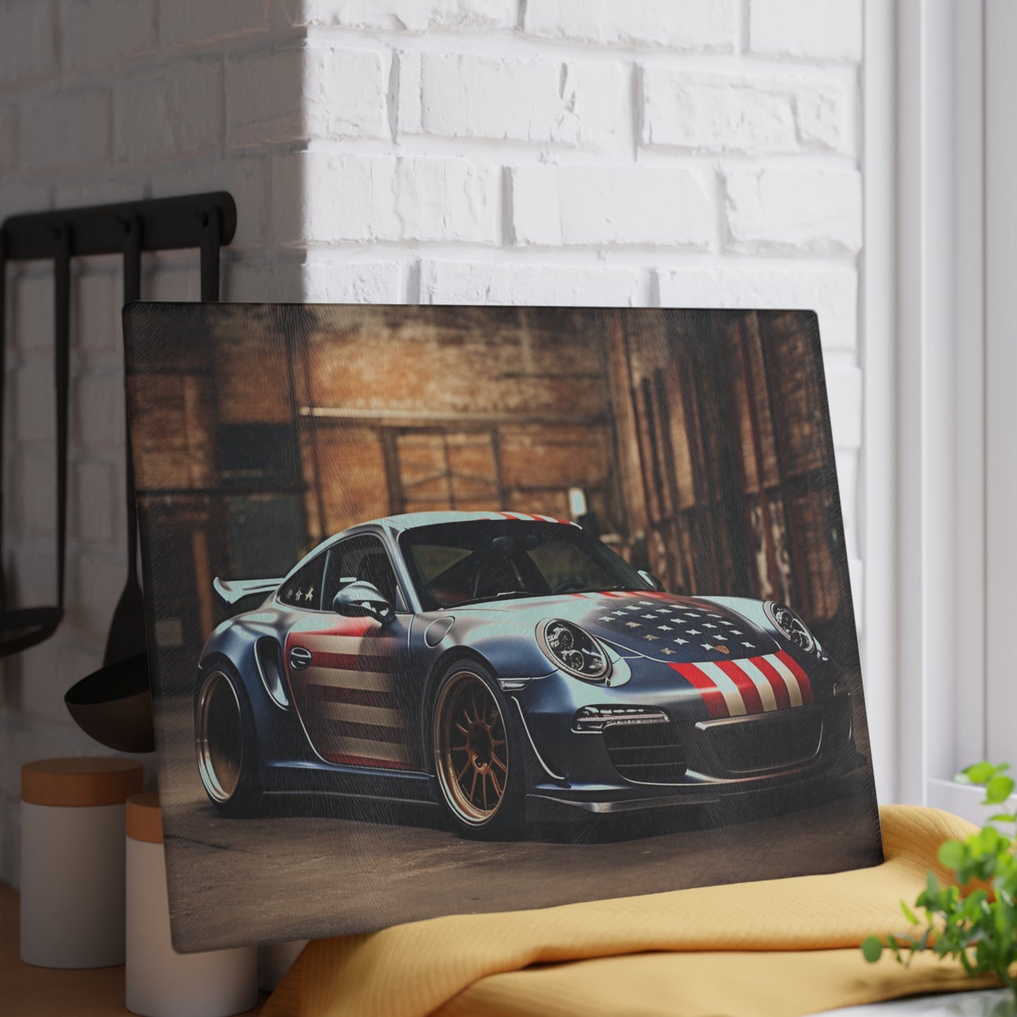 Glass Cutting Board American Flag Porsche 1