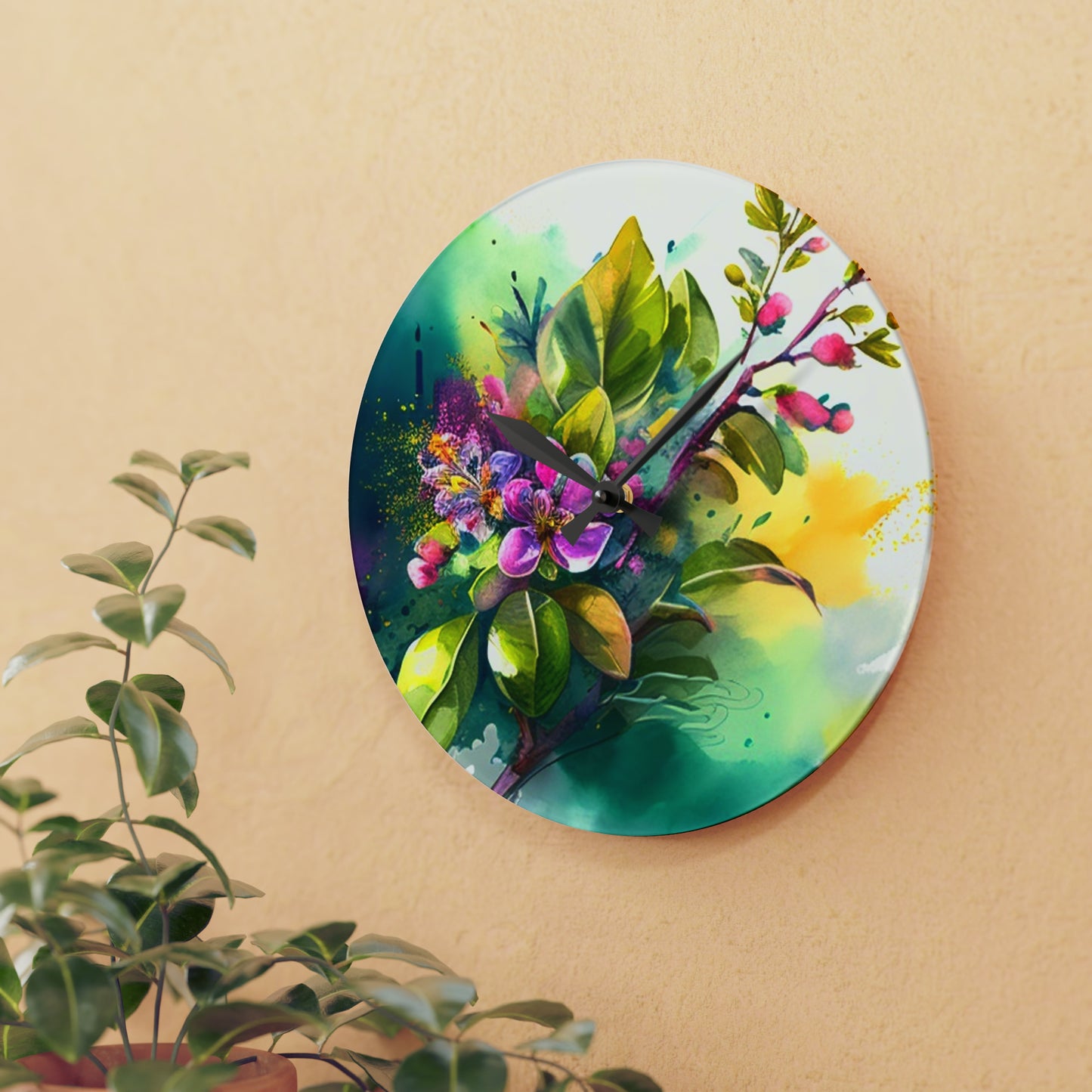 Acrylic Wall Clock Mother Nature Bright Spring Colors Realistic Watercolor 1