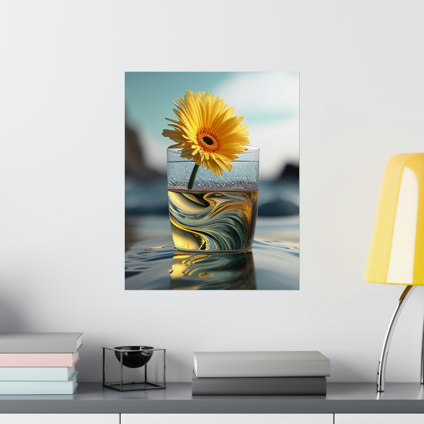 Premium Matte Vertical Posters yello Gerbera glass 2