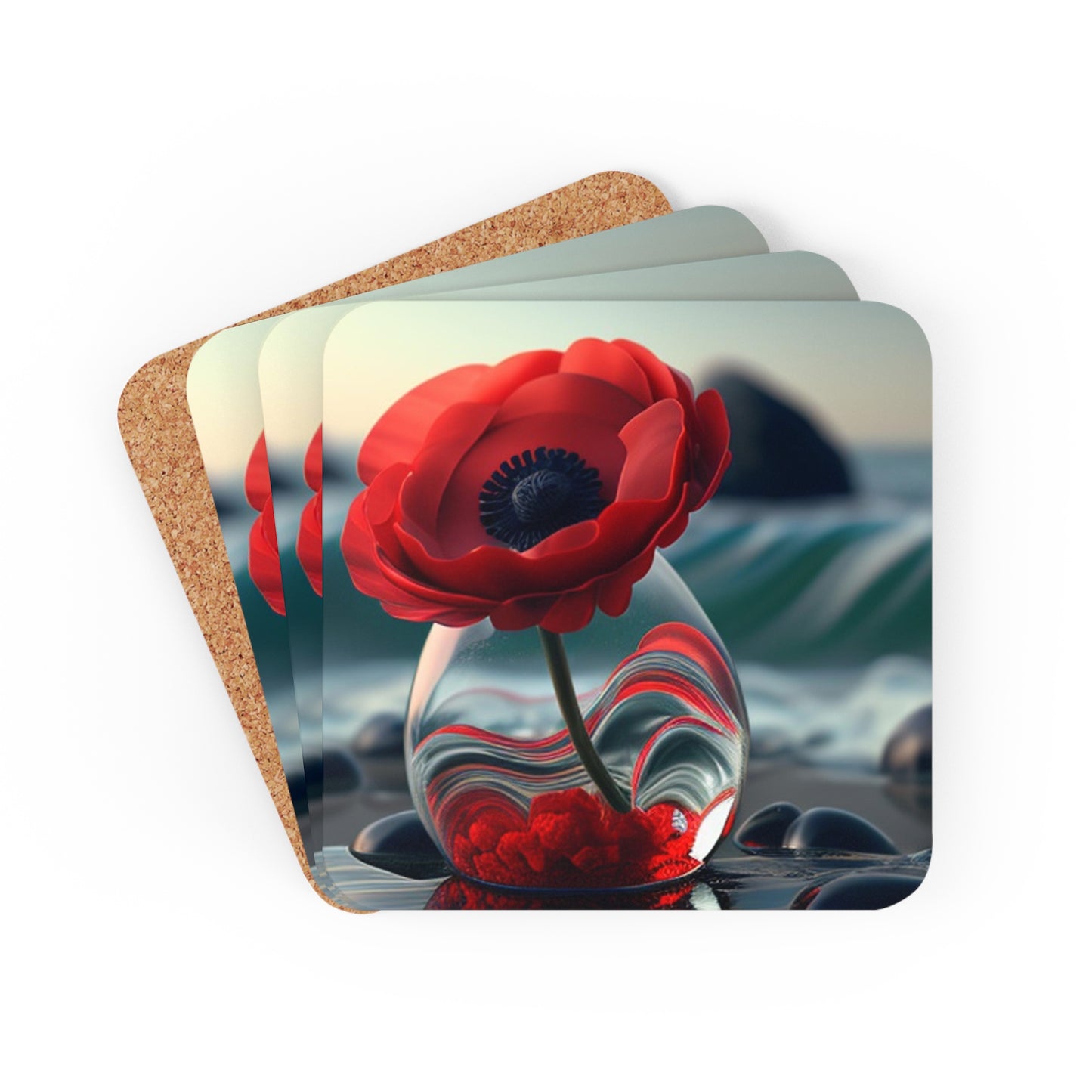 Corkwood Coaster Set Red Anemone in a Vase 1