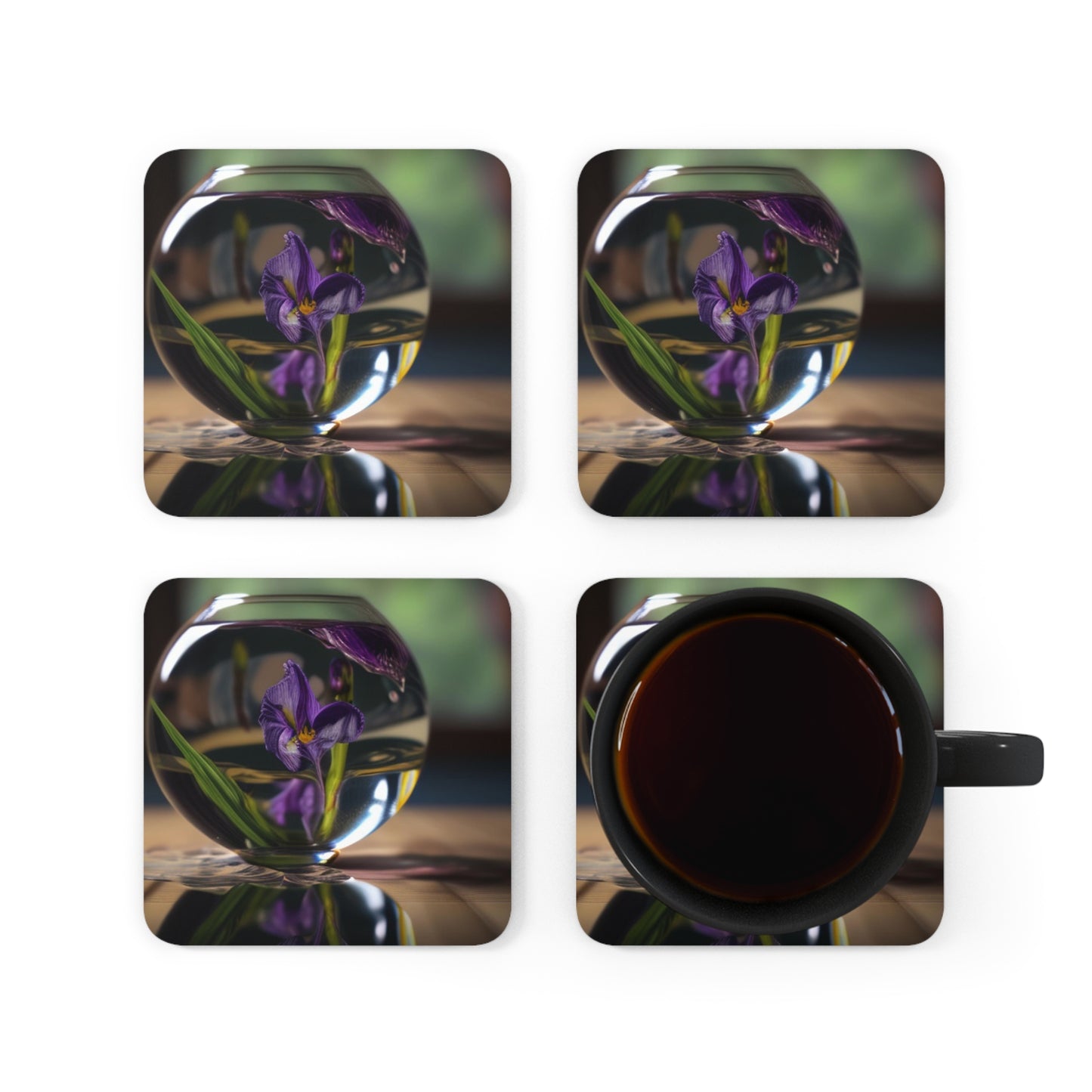 Corkwood Coaster Set Purple Iris in a vase 1