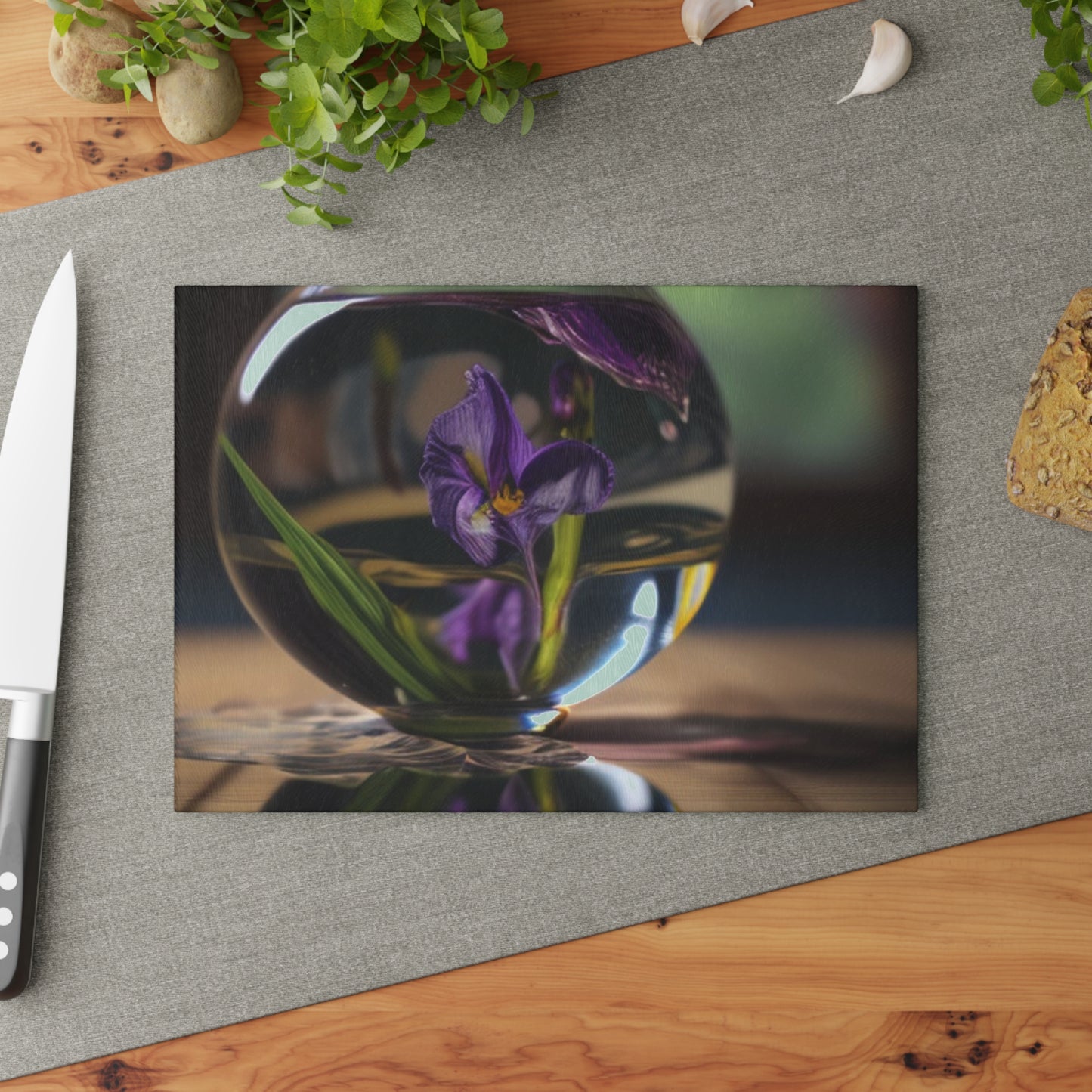 Glass Cutting Board Purple Iris in a vase 1