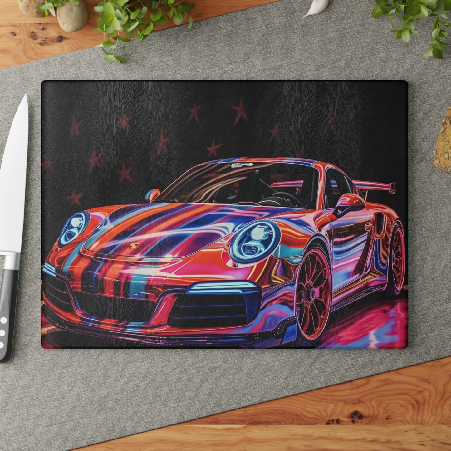 Glass Cutting Board American Flag Colored Porsche 1