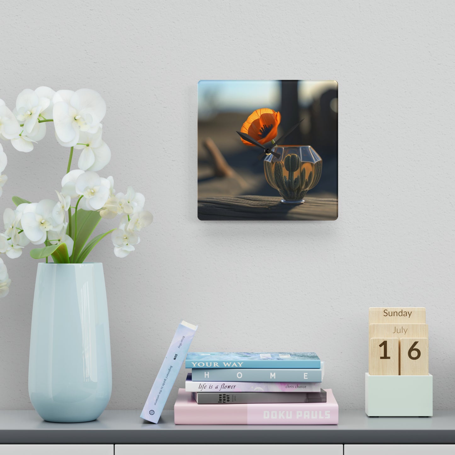 Acrylic Wall Clock Orange Poppy in a Vase 2