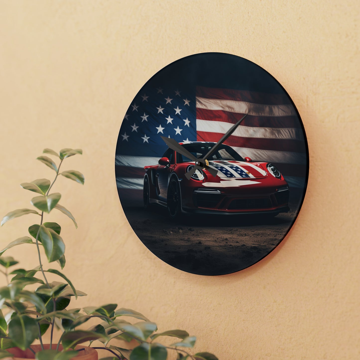 Acrylic Wall Clock American Flag Background Porsche 3