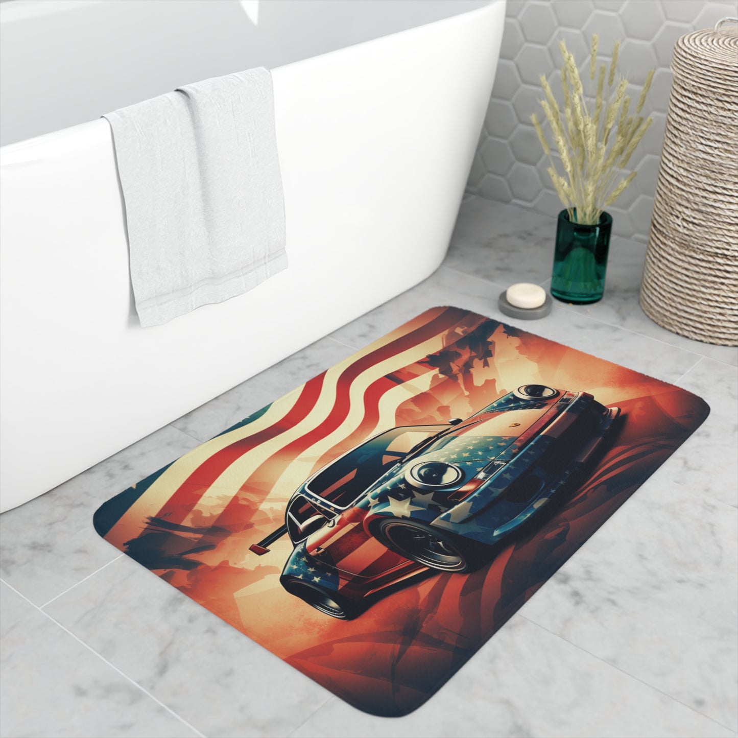 Memory Foam Bath Mat Abstract American Flag Background Porsche 4