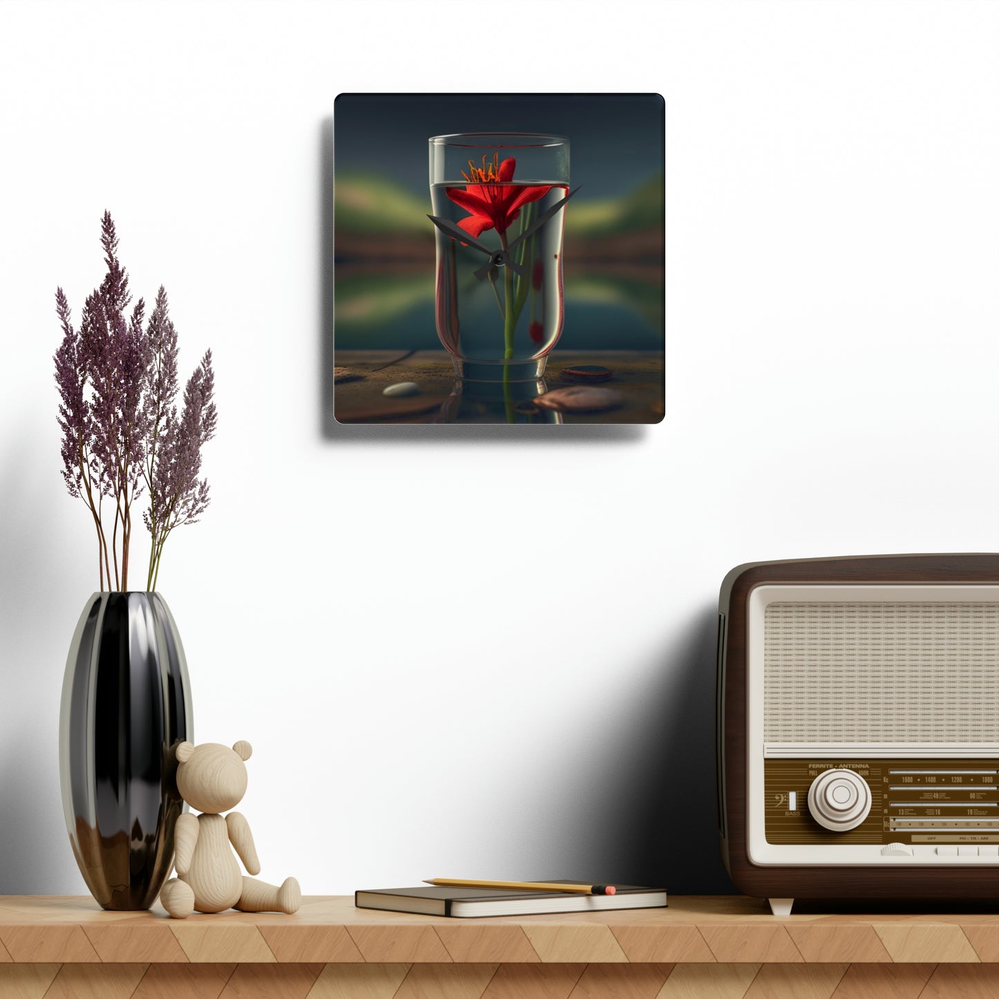 Acrylic Wall Clock Red Lily in a Glass vase 1