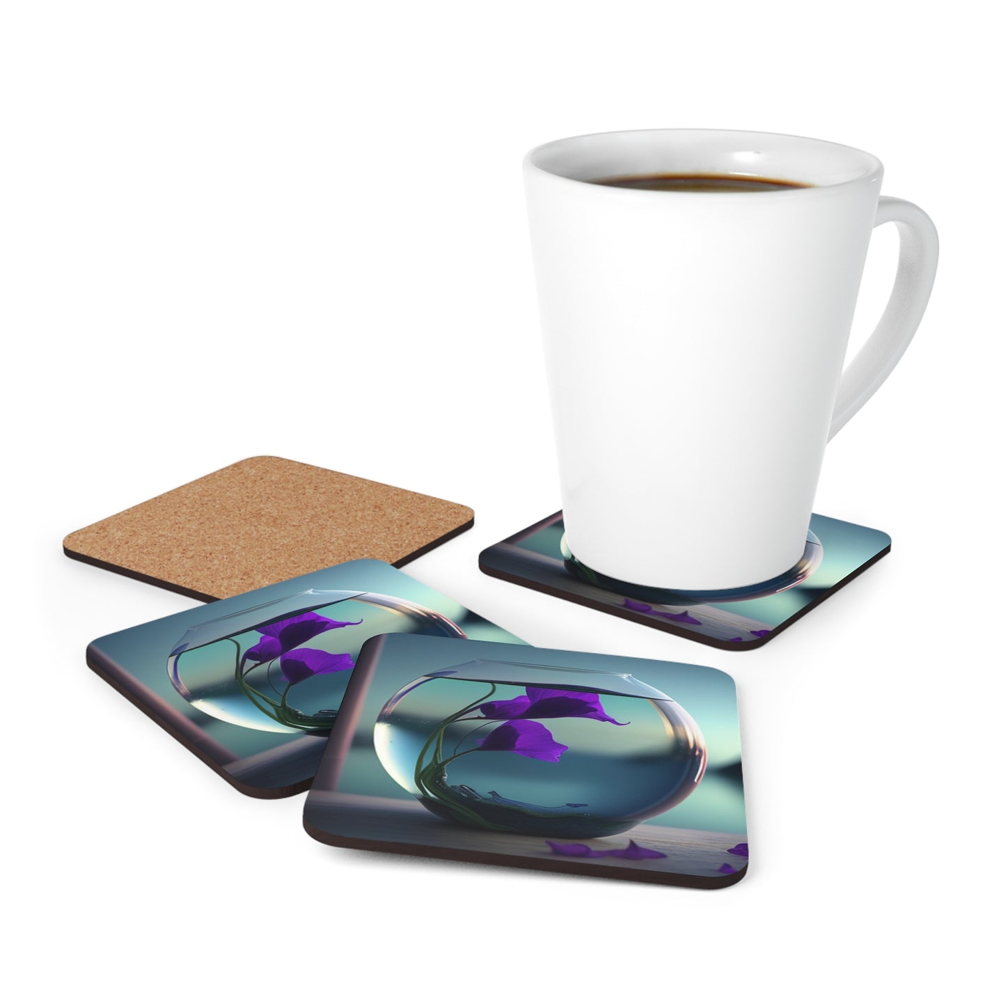 Corkwood Coaster Set Purple Sweet pea in a vase 2