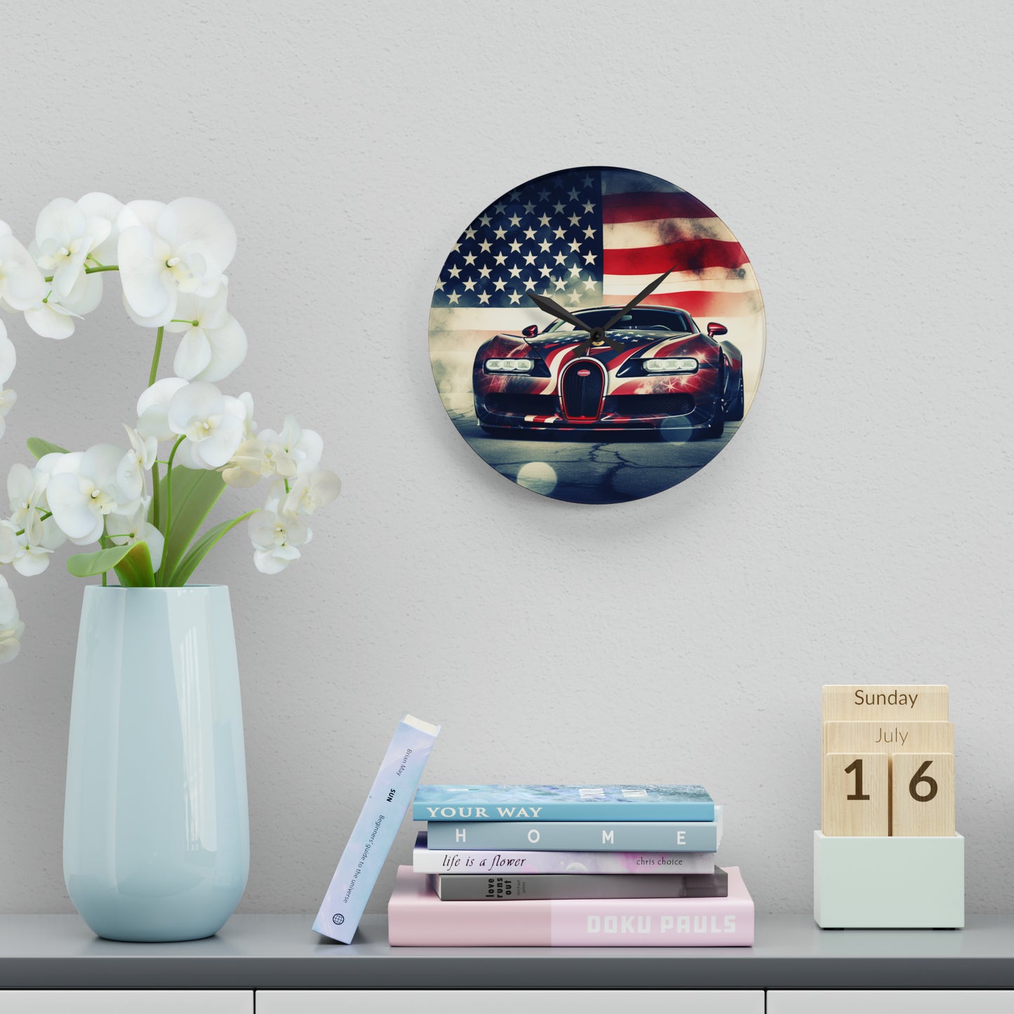 Acrylic Wall Clock Abstract American Flag Background Bugatti 1