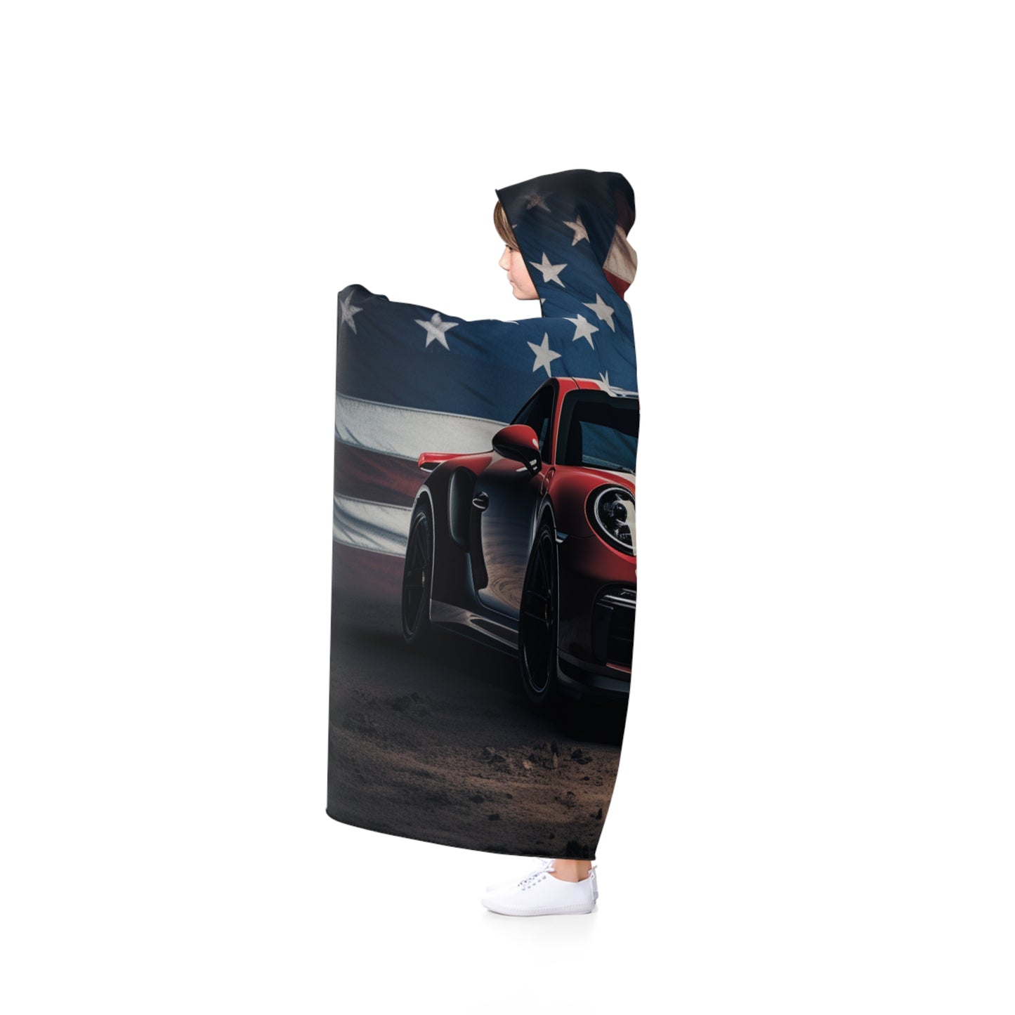 Hooded Blanket American Flag Background Porsche 3