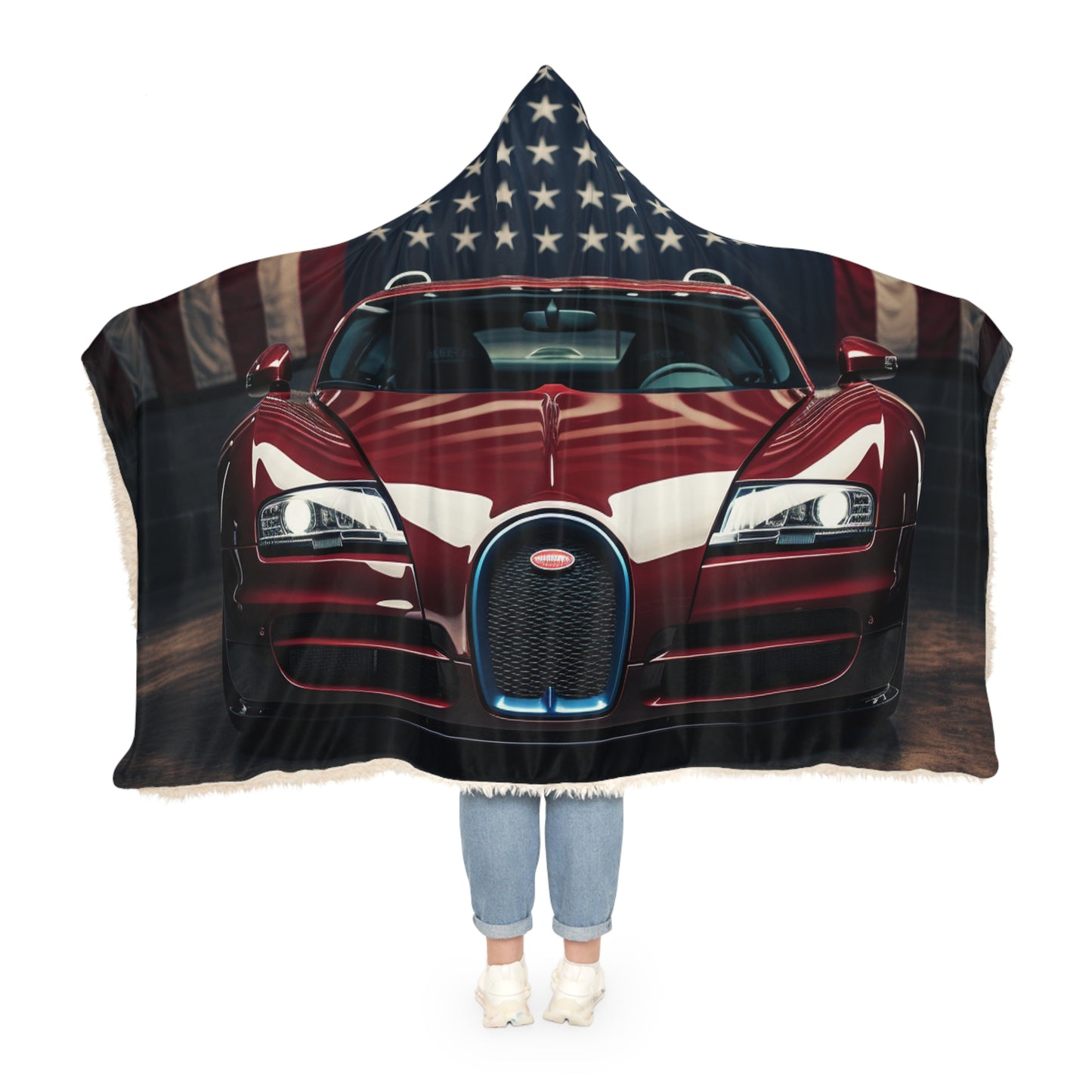 Snuggle Hooded Blanket American Flag Background Bugatti 1