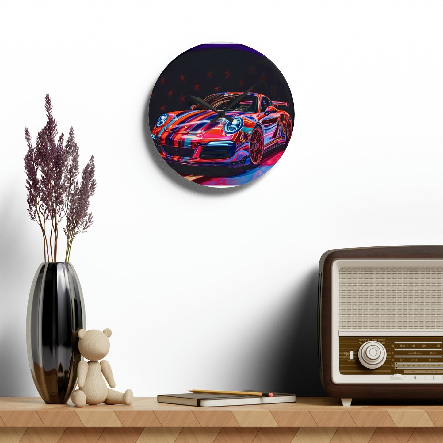 Acrylic Wall Clock American Flag Colored Porsche 1