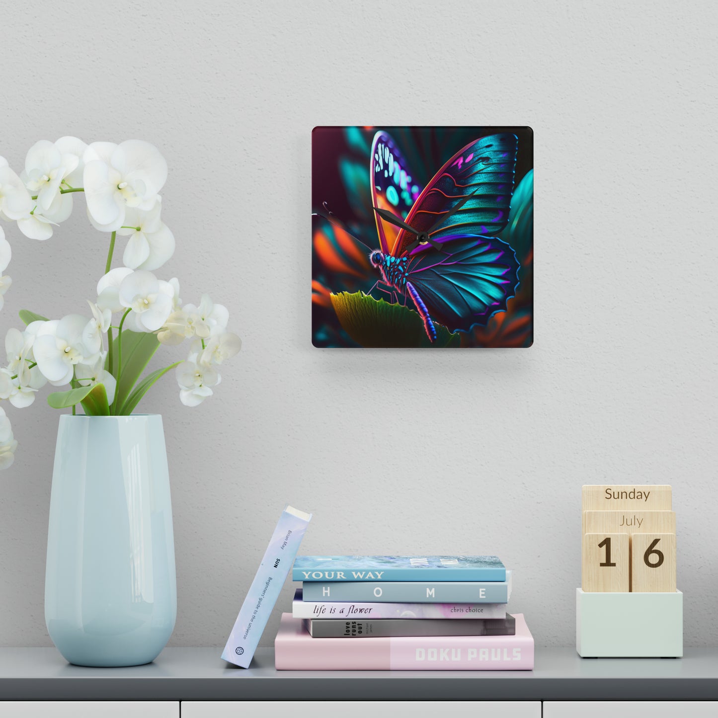 Acrylic Wall Clock Neon Butterfly Macro 1