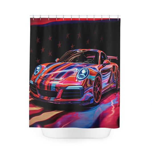 Polyester Shower Curtain American Flag Colored Porsche 3