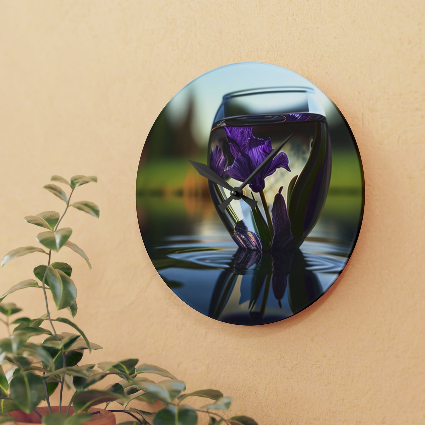 Acrylic Wall Clock Purple Iris in a vase 3