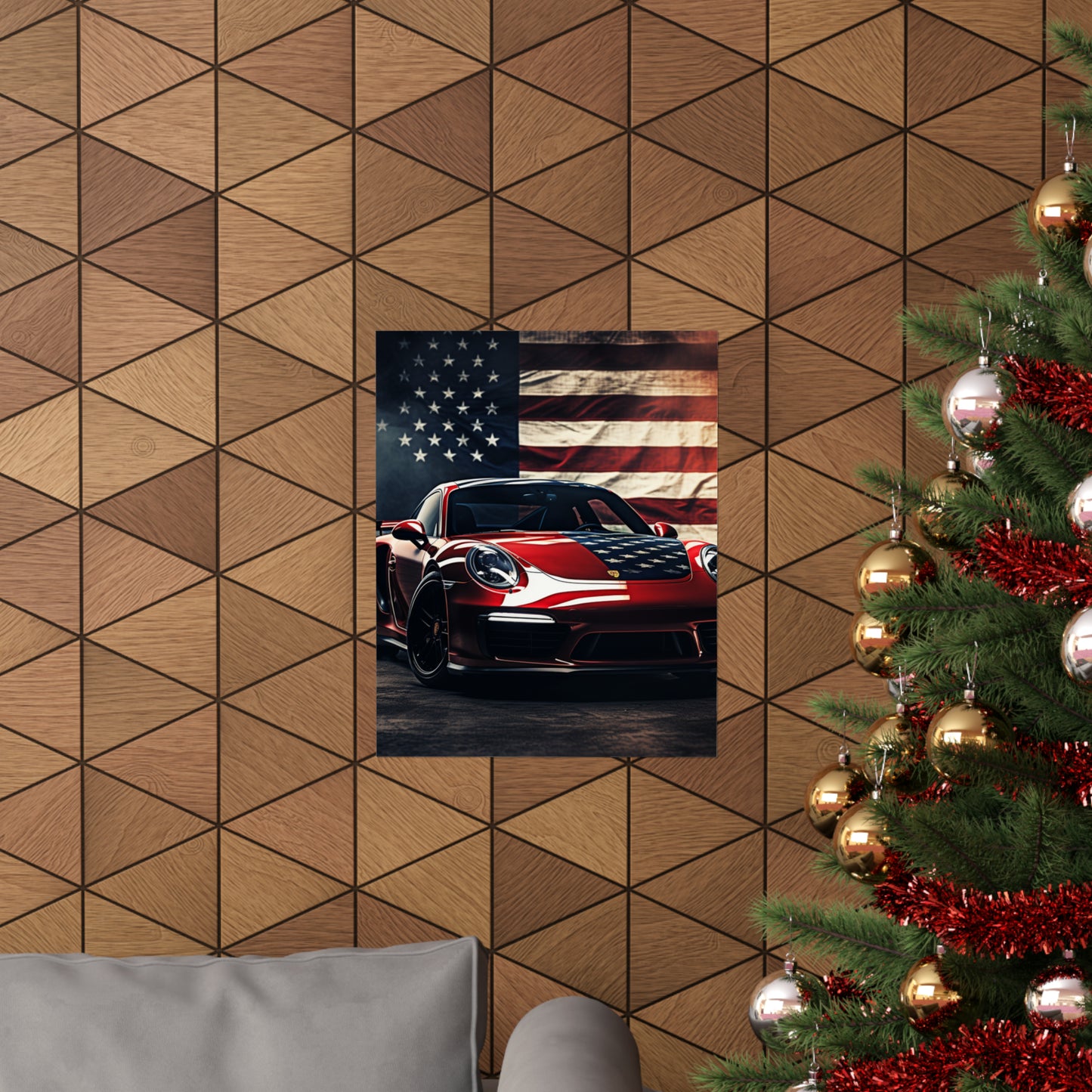 Premium Matte Vertical Posters American Flag Background Porsche 2