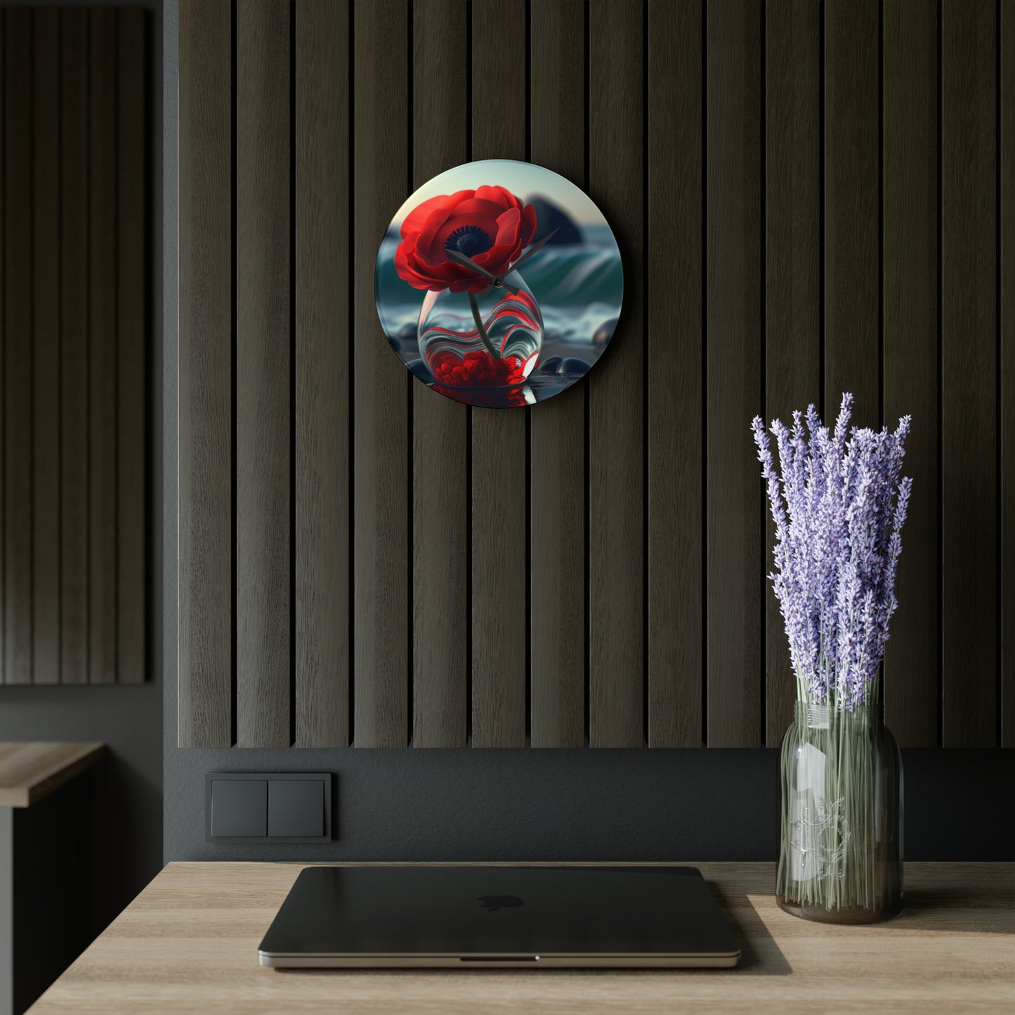 Acrylic Wall Clock Red Anemone in a Vase 1