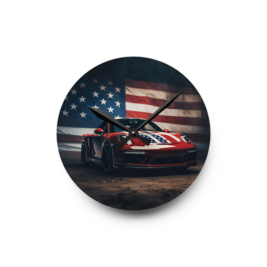 Acrylic Wall Clock American Flag Background Porsche 3