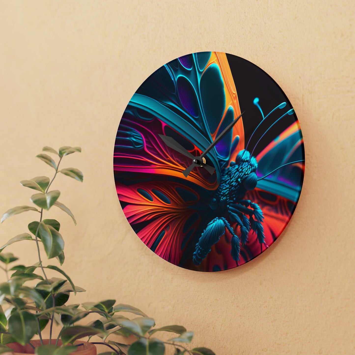 Acrylic Wall Clock Neon Butterfly Macro 4