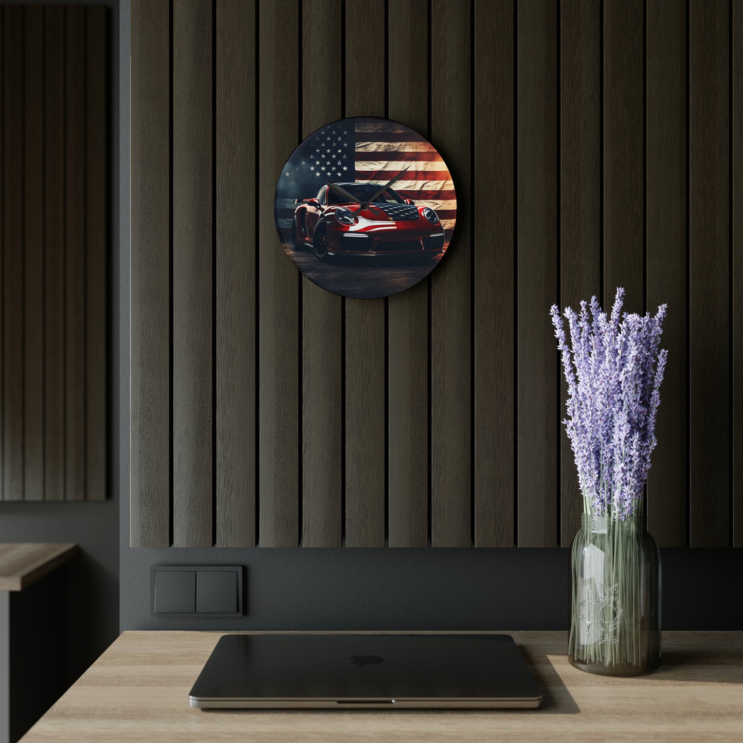 Acrylic Wall Clock American Flag Background Porsche 2