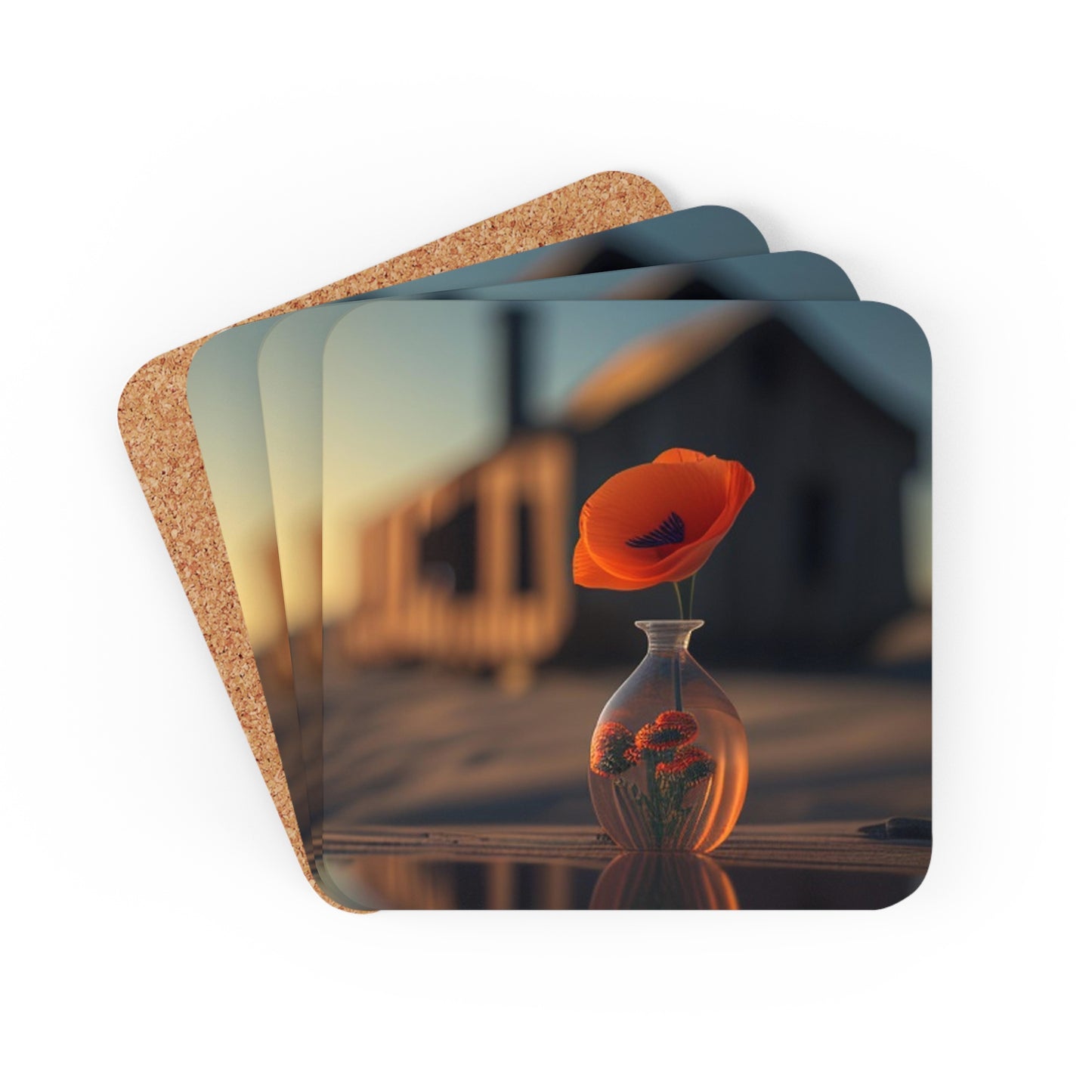 Corkwood Coaster Set Orange Poppy in a Vase 3