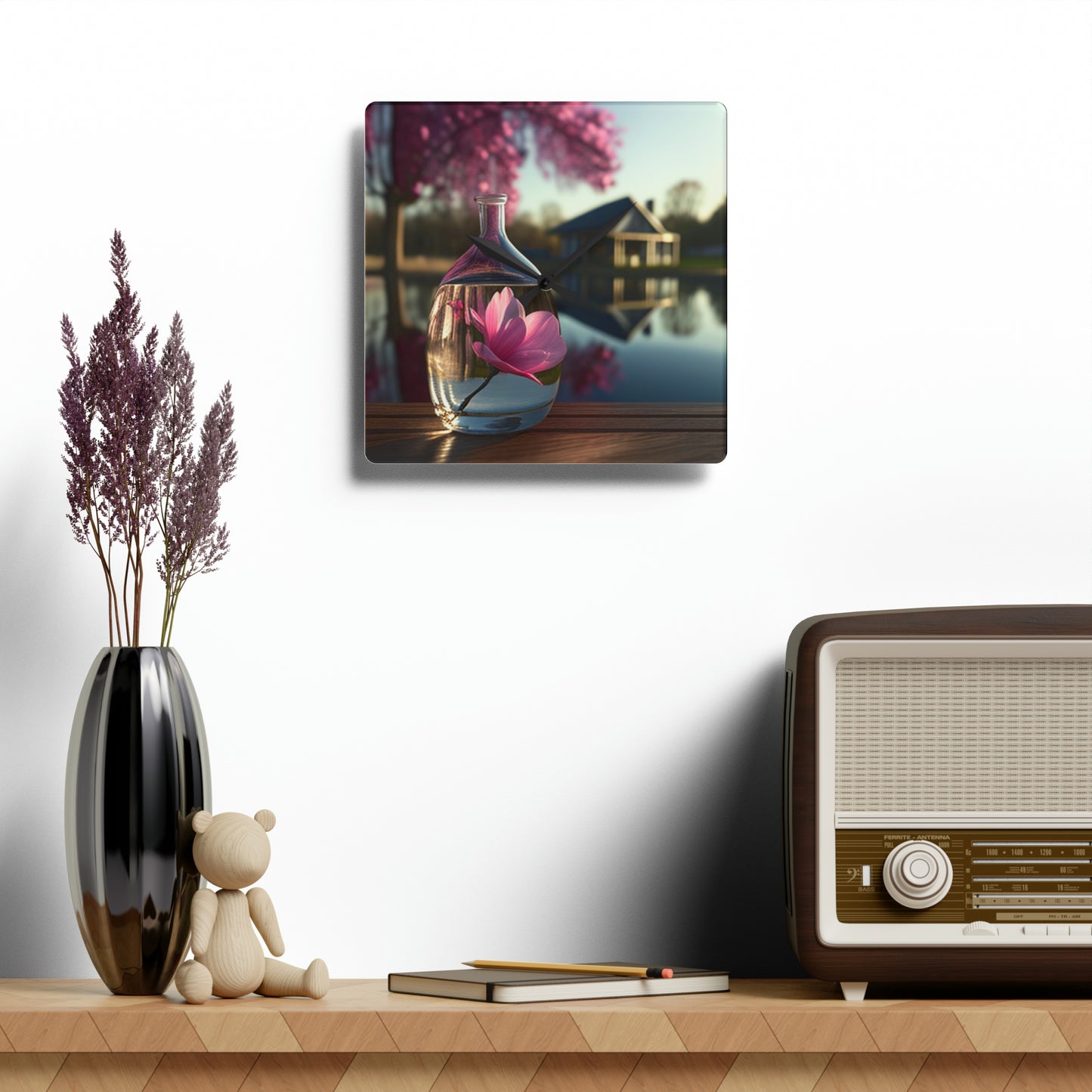 Acrylic Wall Clock Magnolia in a Glass vase 2