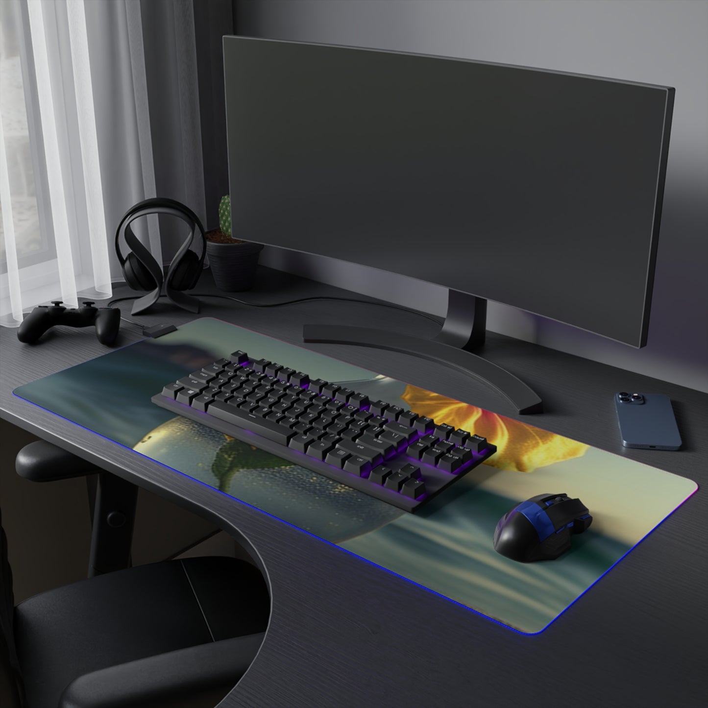 LED Gaming Mouse Pad Yellow Hibiscus glass 2