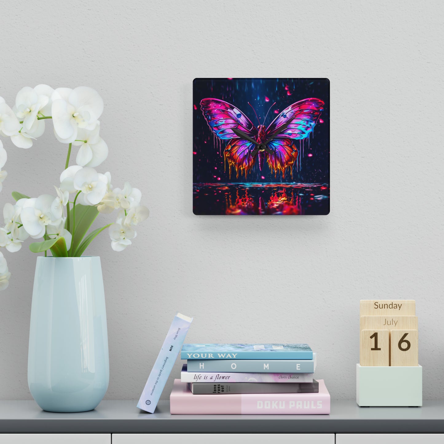 Acrylic Wall Clock Pink Butterfly Flair 2