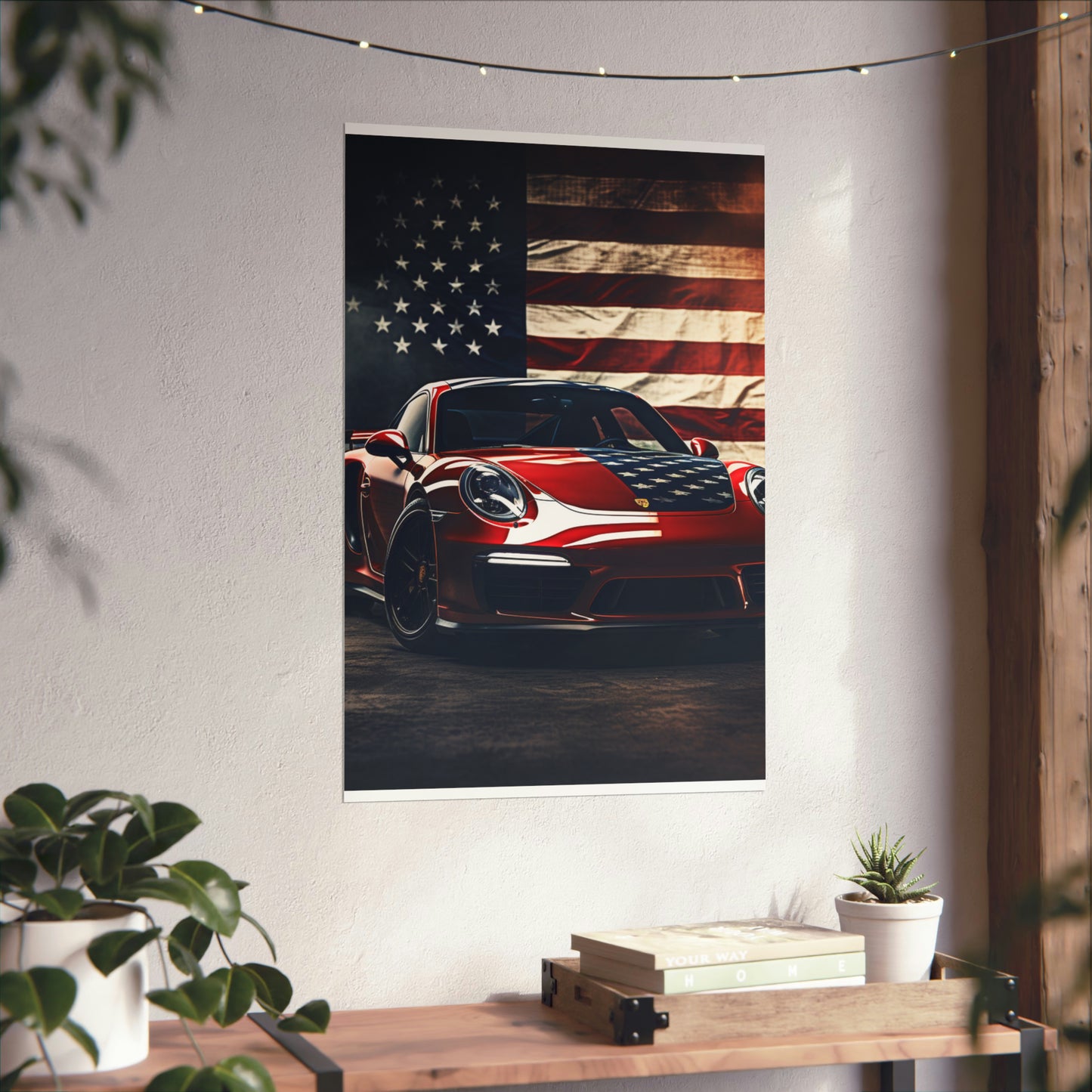 Premium Matte Vertical Posters American Flag Background Porsche 2