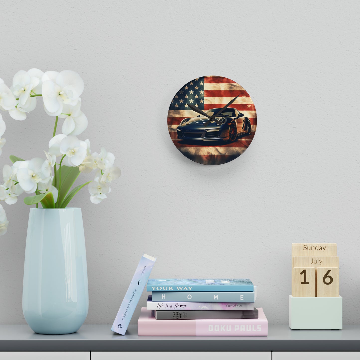 Acrylic Wall Clock Abstract American Flag Background Porsche 3