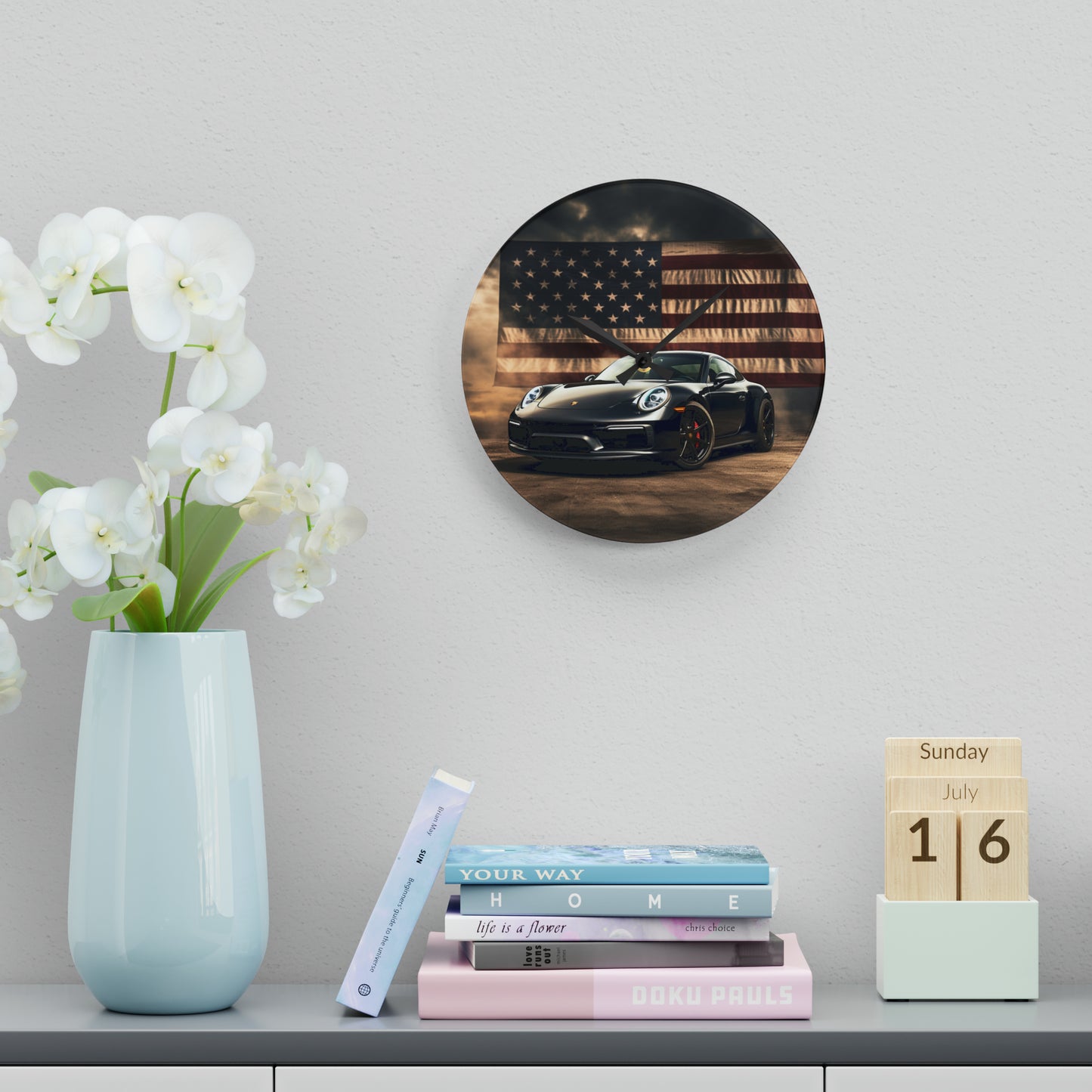 Acrylic Wall Clock American Flag Background Porsche 4