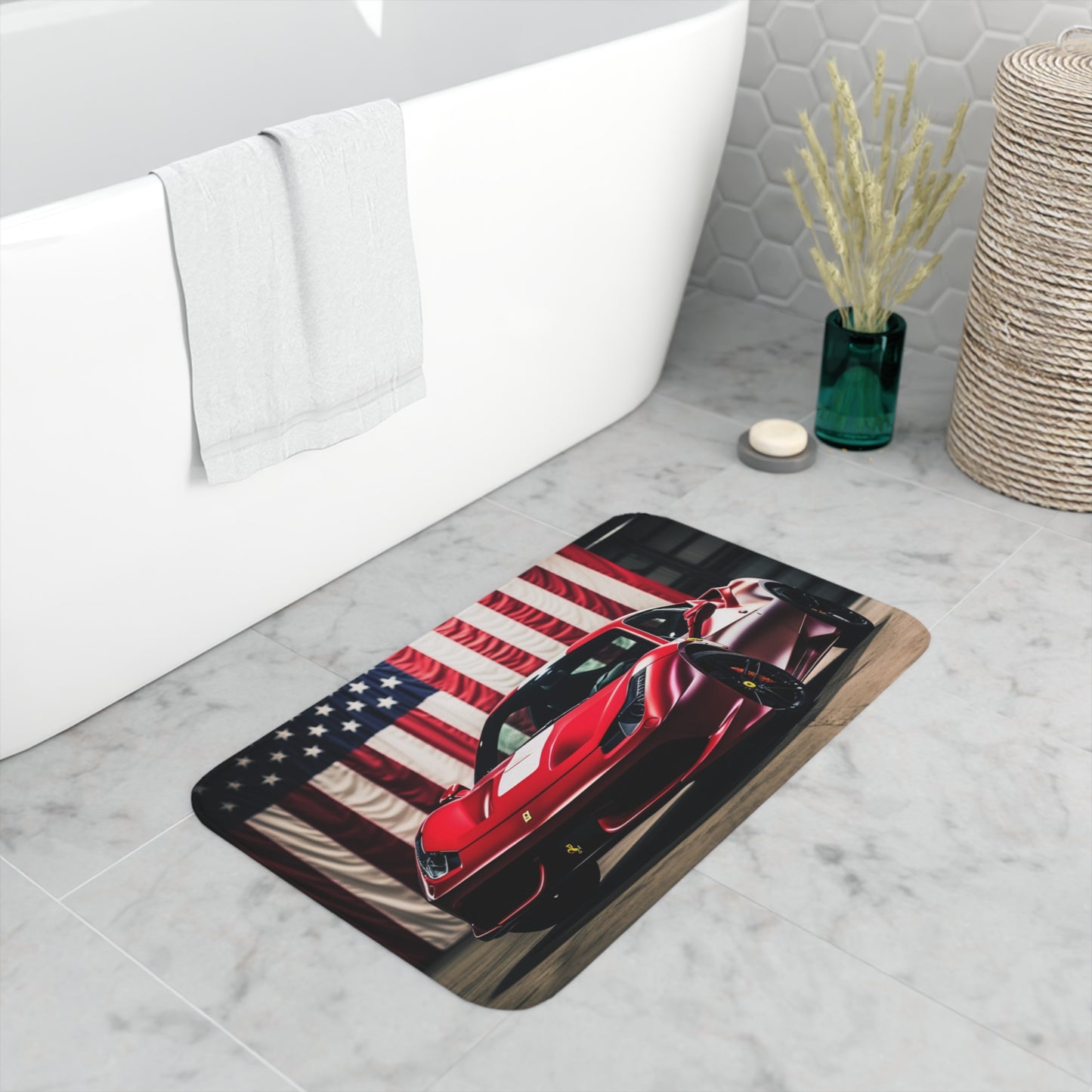 Memory Foam Bath Mat American Flag Background Ferrari 3