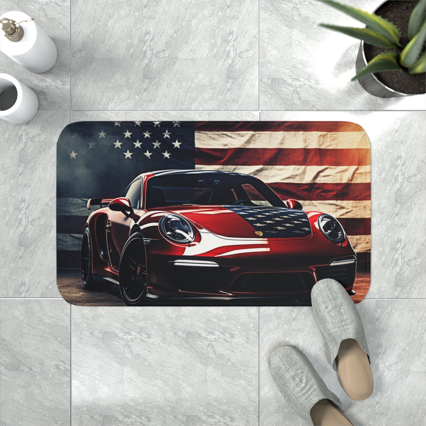 Memory Foam Bath Mat American Flag Background Porsche 2