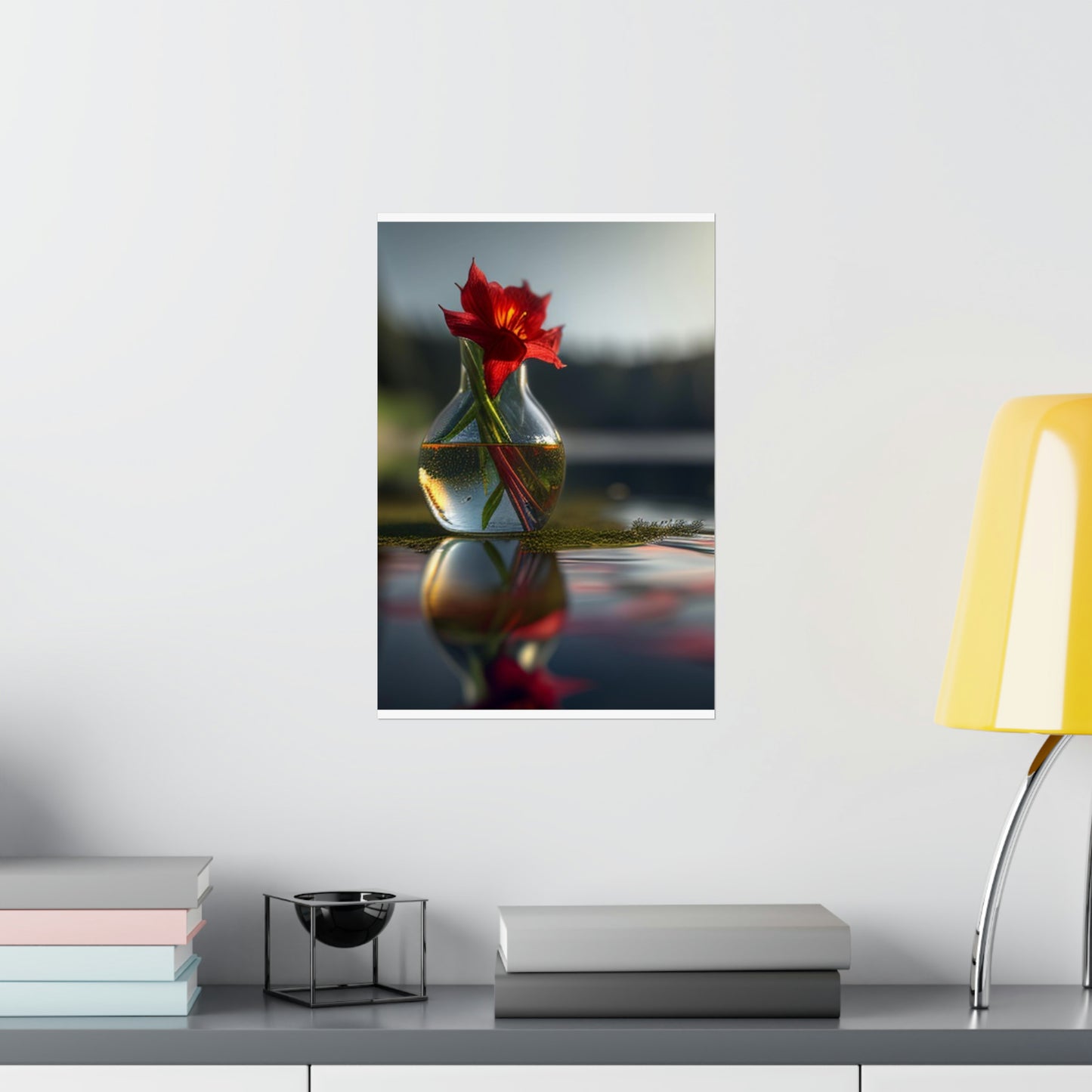 Premium Matte Vertical Posters Red Lily in a Glass vase 3