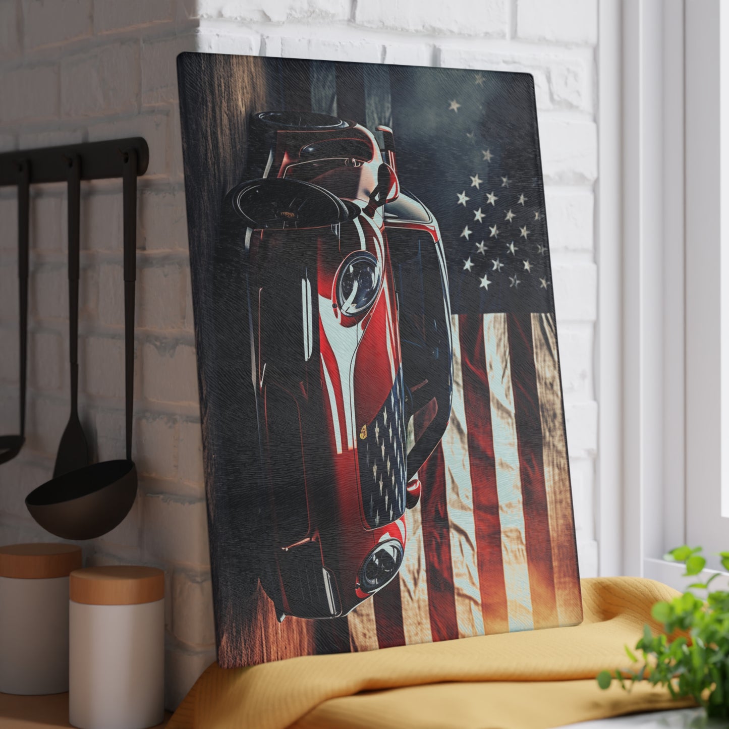 Glass Cutting Board American Flag Background Porsche 2