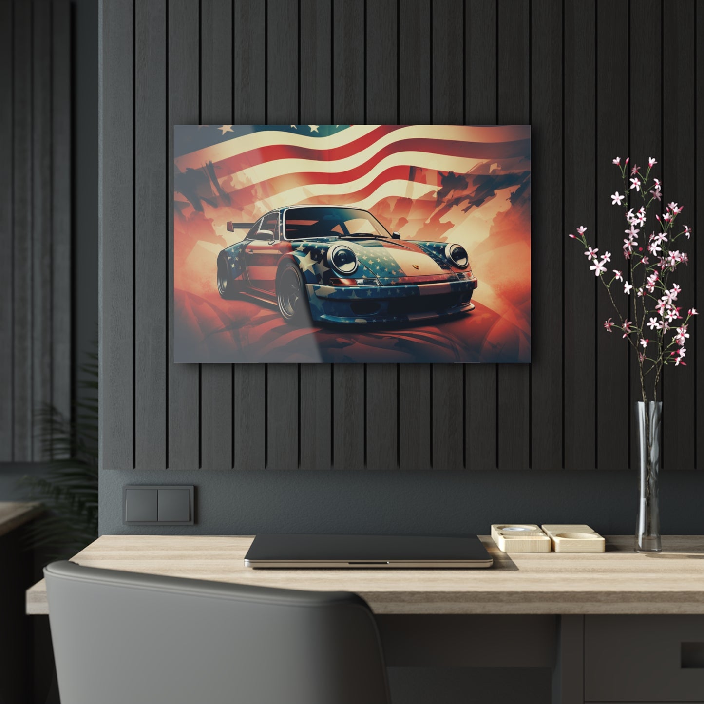 Acrylic Prints Abstract American Flag Background Porsche 4