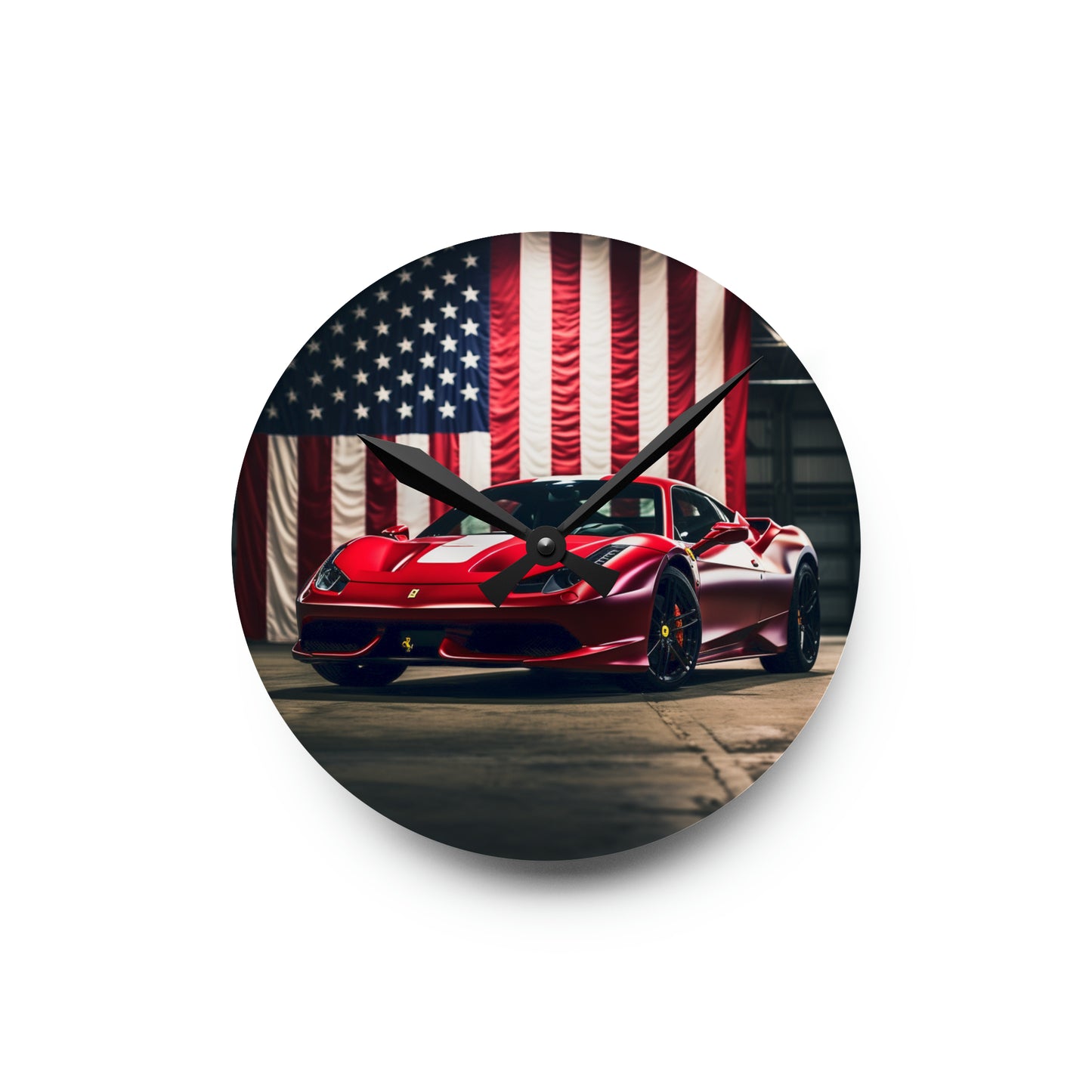 Acrylic Wall Clock American Flag Background Ferrari 3