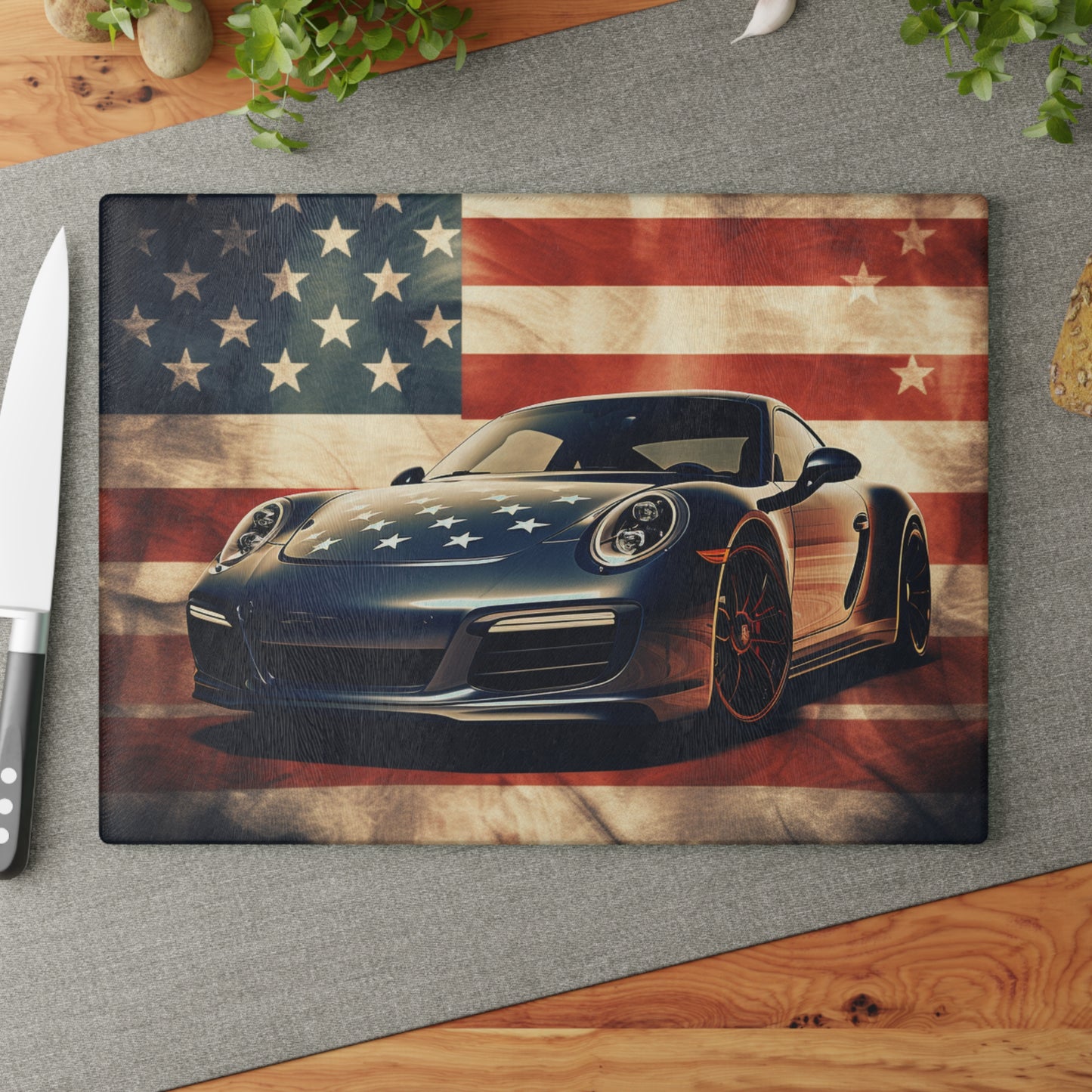 Glass Cutting Board Abstract American Flag Background Porsche 3