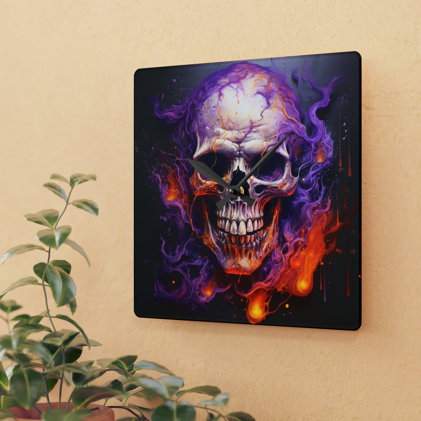 Acrylic Wall Clock Skull Flames 2