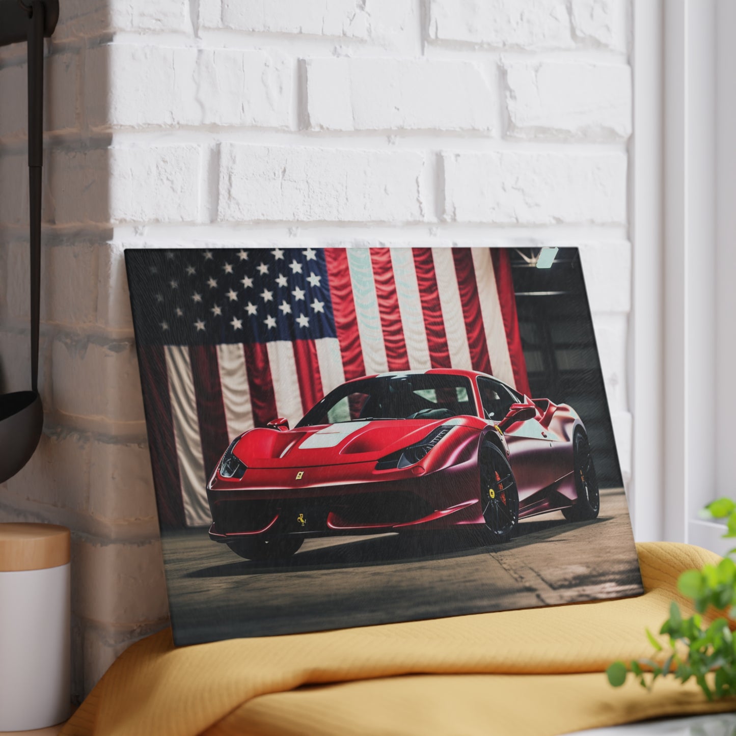 Glass Cutting Board American Flag Background Ferrari 3