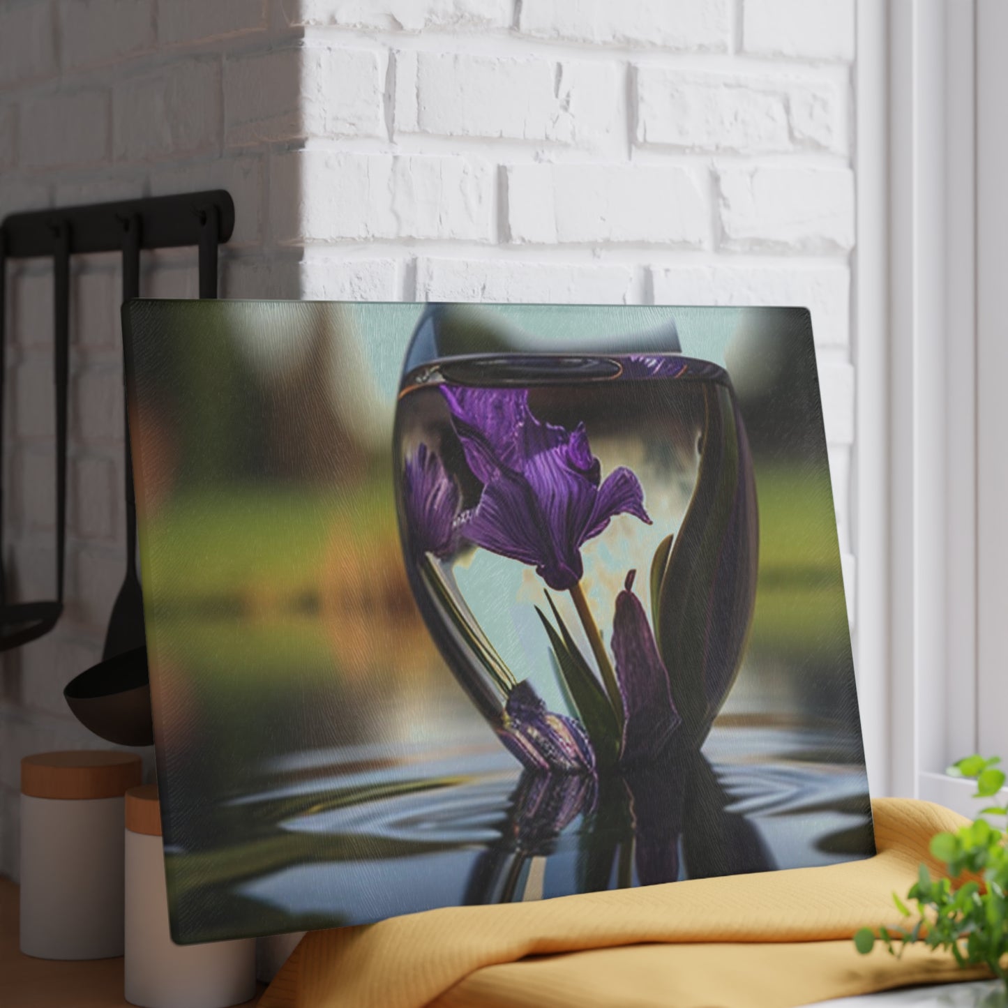 Glass Cutting Board Purple Iris in a vase 3