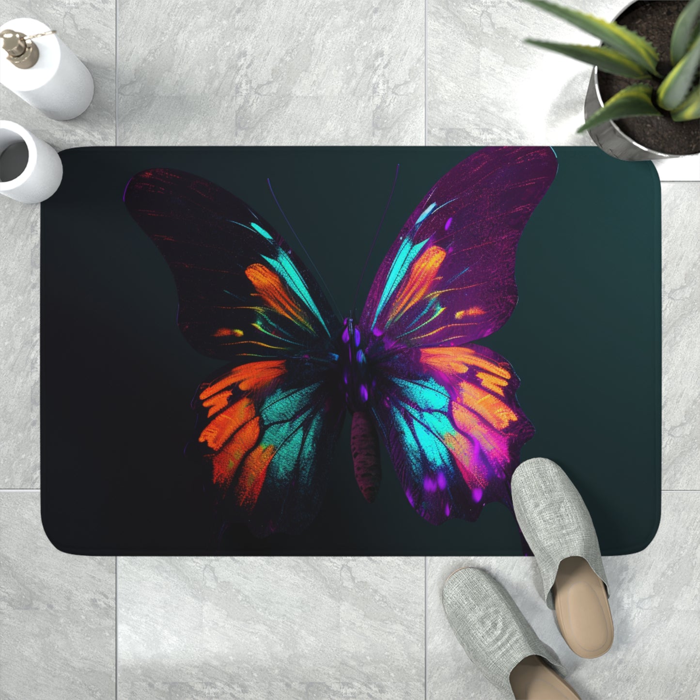 Memory Foam Bath Mat Hyper Colorful Butterfly Purple 4